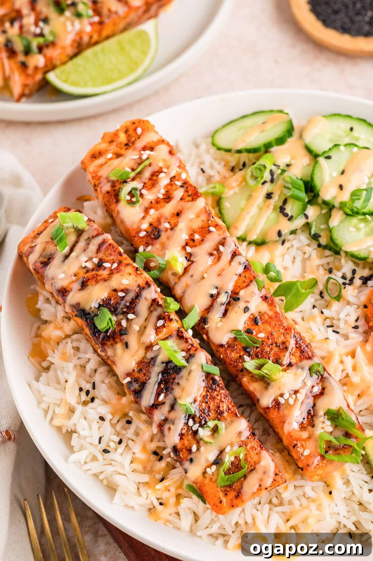 Dynamite Salmon 2 Bang bang salmon fillets topped with creamy sweet chili sauce served over rice with sliced cucumber and sesame seeds