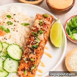 Bang Bang Salmon on a white plate