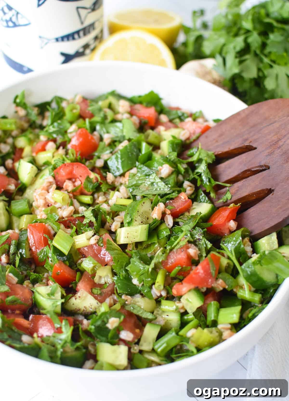 Vibrant Farro Tabbouleh 6 A beautifully presented Lebanese-inspired farro tabbouleh salad with a bright lemon vinaigrette, ready to be served.