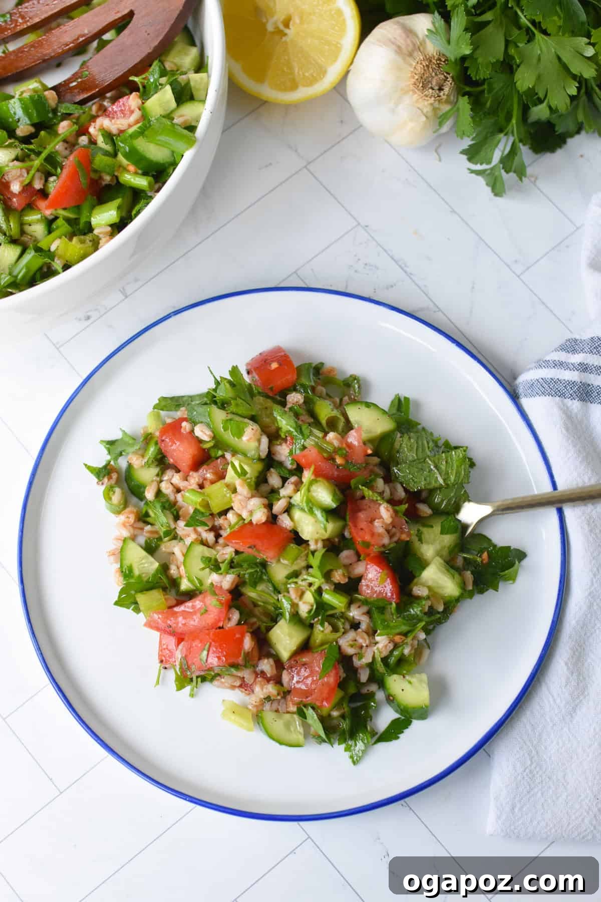 Vibrant Farro Tabbouleh 8 A serving of Farro Tabbouleh Salad on a small white plate, showcasing its colorful and wholesome appeal.