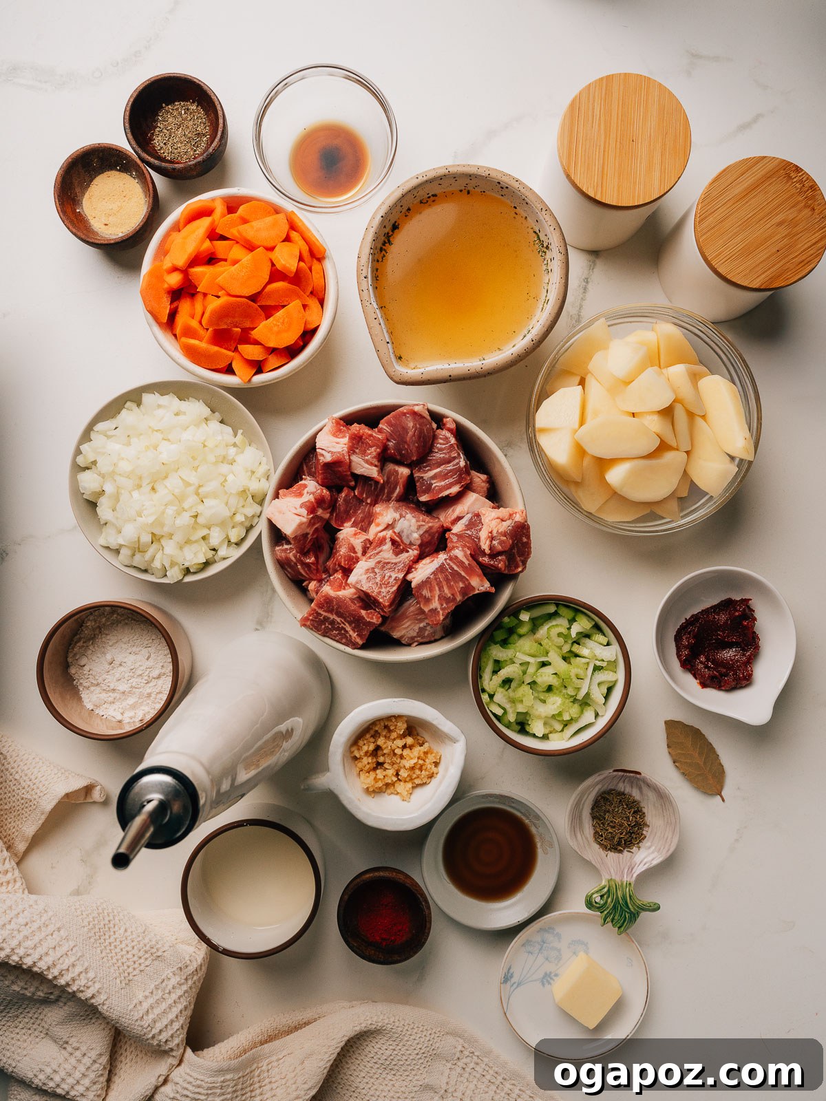 Melt-in-Your-Mouth Pork Stew Recipe for Cozy Dinners 3 Pork Stew recipe ingredients on the counter.