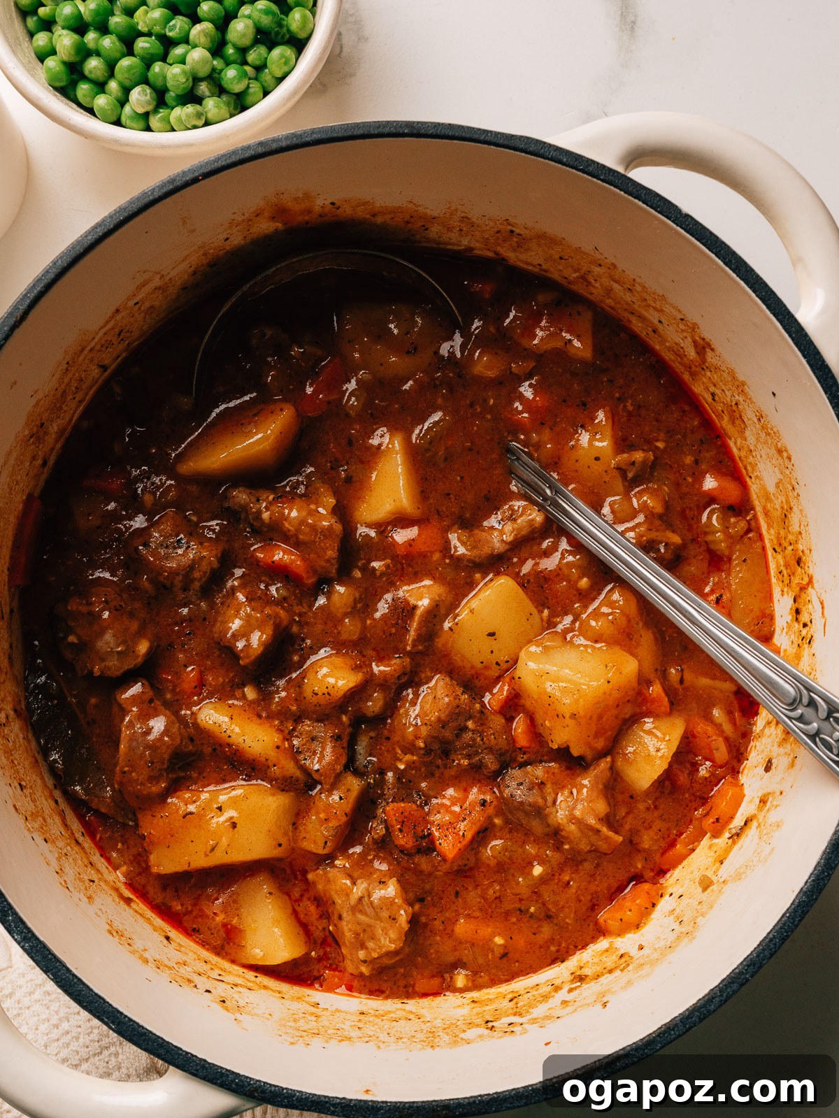 Melt-in-Your-Mouth Pork Stew Recipe for Cozy Dinners 8 Pork stew in a dutch oven with a spoon.