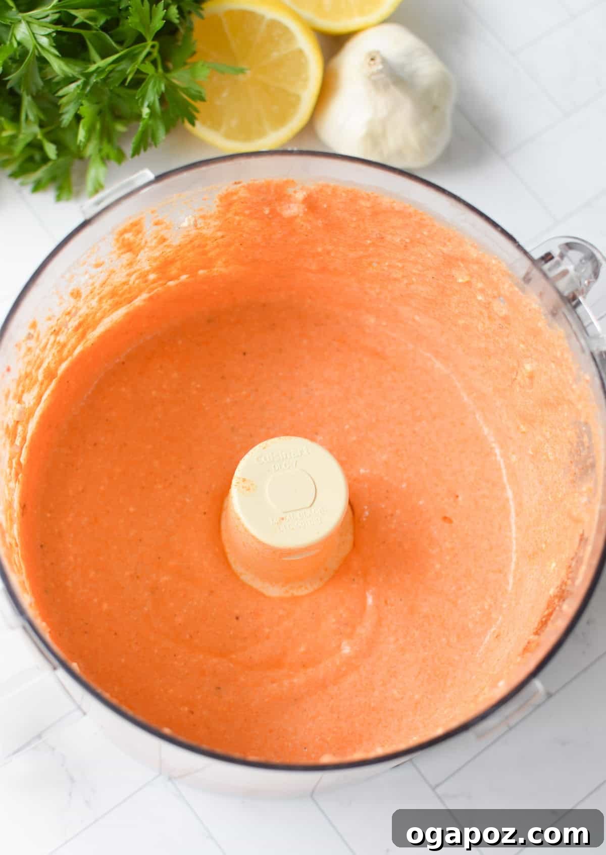 Creamy Roasted Red Pepper and Feta Dip Recipe 8 Blended Roasted Red Pepper Feta Dip in a food processor