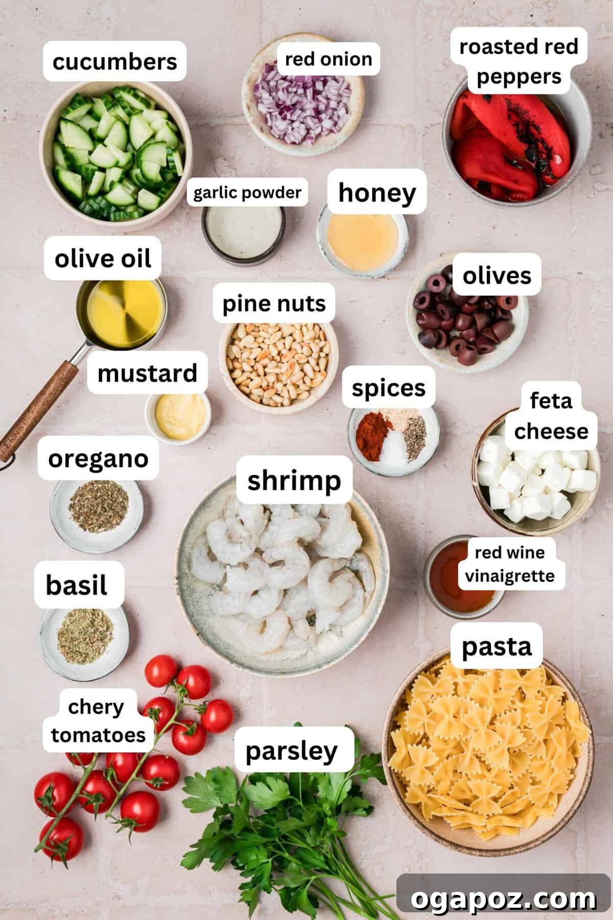 Make-Ahead Mediterranean Shrimp Pasta Salad for Summer Meals 5 Shrimp Pasta Salad recipe ingredients
