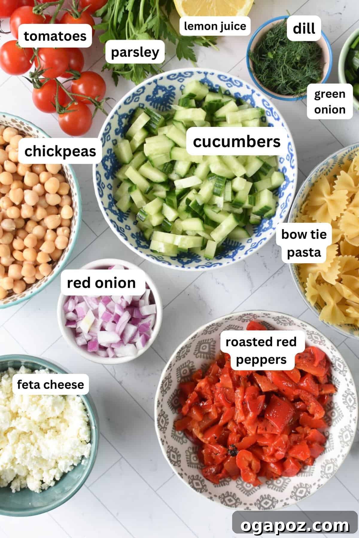 Mediterranean Bow-Tie Pasta Salad with Feta & Olives 5 Mediterranean Bow Tie Pasta Salad recipe ingredients
