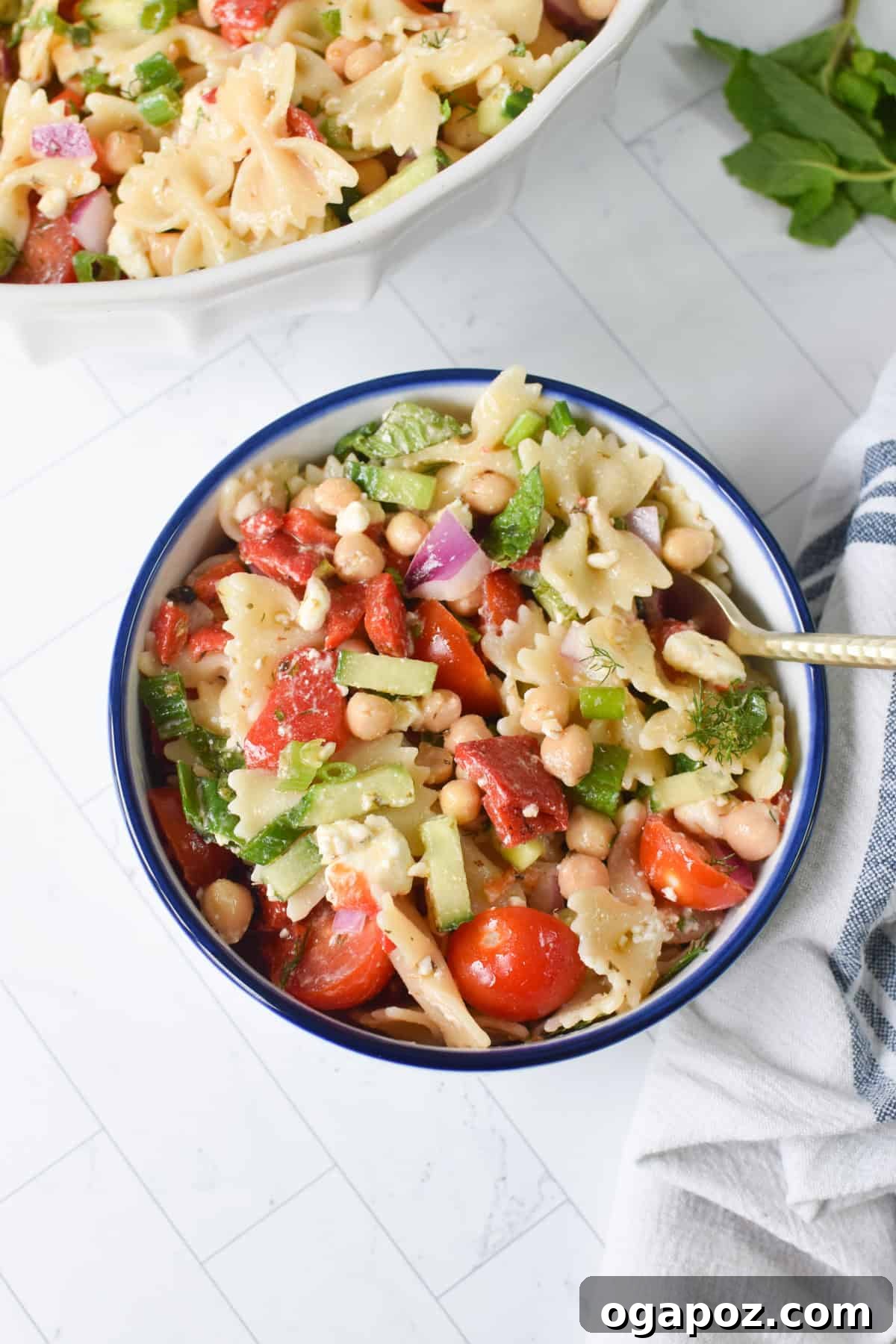Mediterranean Bow-Tie Pasta Salad with Feta & Olives 6 Mediterranean bow tie pasta salad with mint, dill, and lemon olive oil dressing