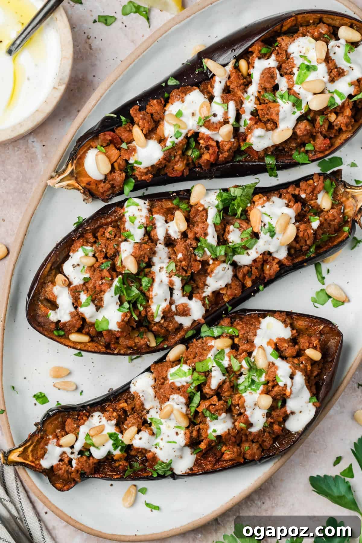 Mediterranean Stuffed Eggplant with Garlic Yogurt Sauce 2 Mediterranean stuffed eggplant with ground beef and garlic yogurt sauce on a white serving dish