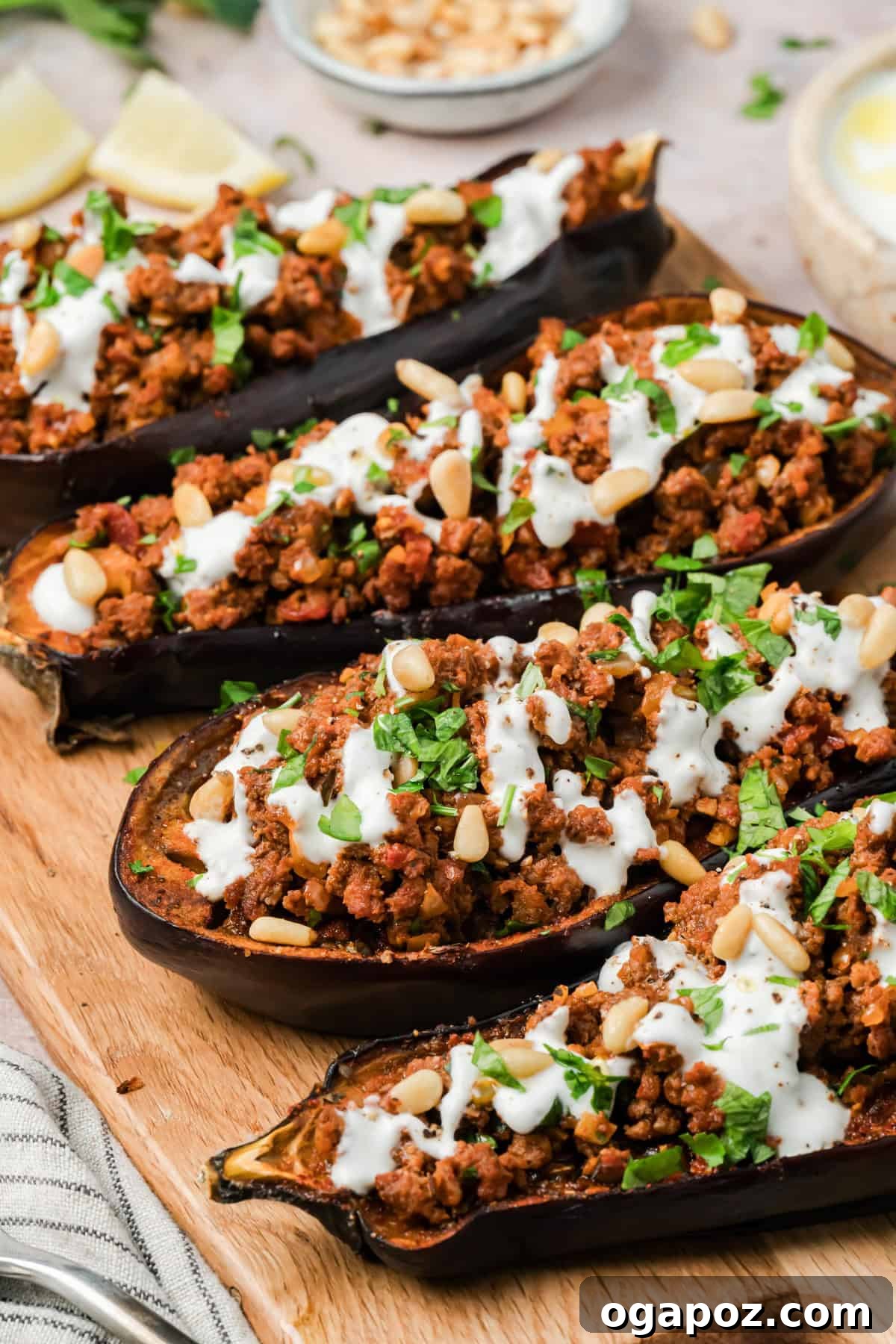 Mediterranean Stuffed Eggplant with Garlic Yogurt Sauce 6 Up Close Mediterranean Ground Beef Stuffed Eggplant