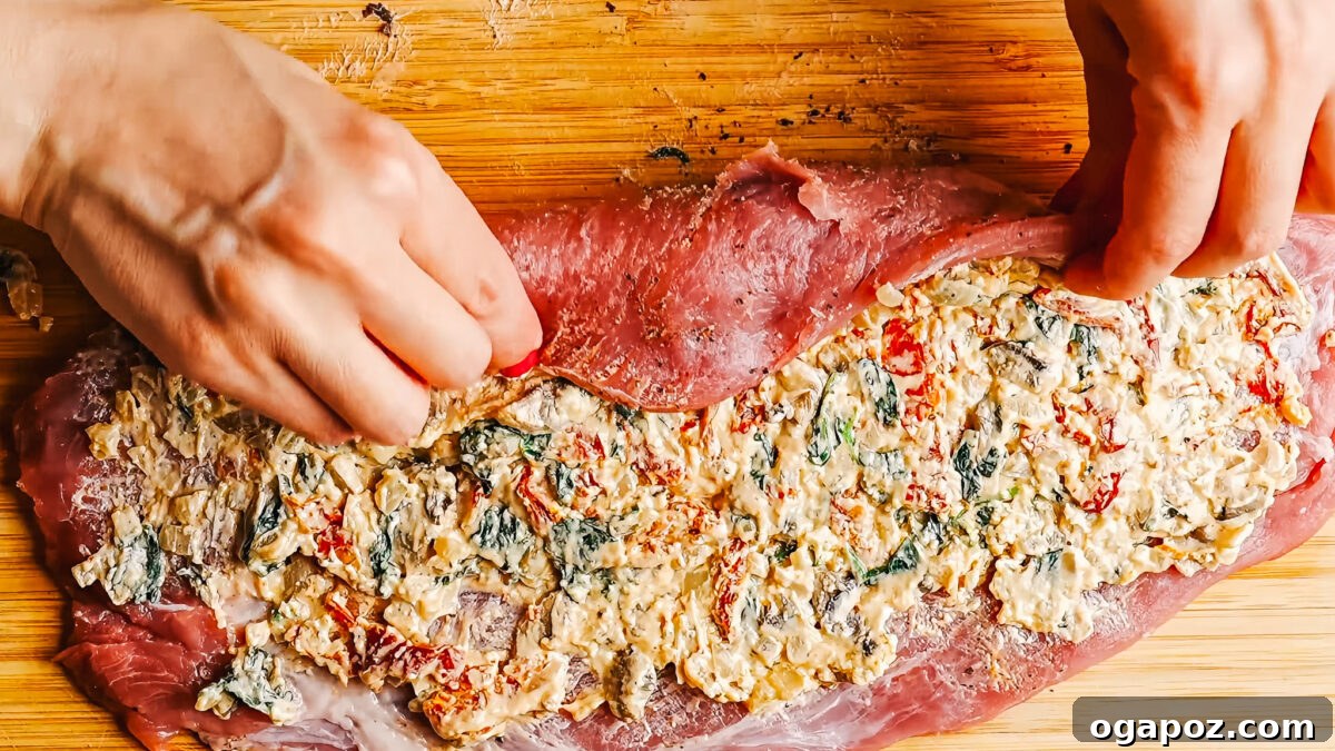 Mediterranean Stuffed Pork Tenderloin with Creamy Feta Filling 8 Steps of making stuffed pork tenderloin.