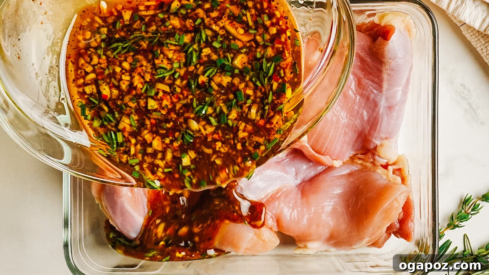 Tangy Balsamic Chicken Marinade for Juicy Grilled Chicken 7 Pouring balsamic marinade over raw chicken thighs in a dish.