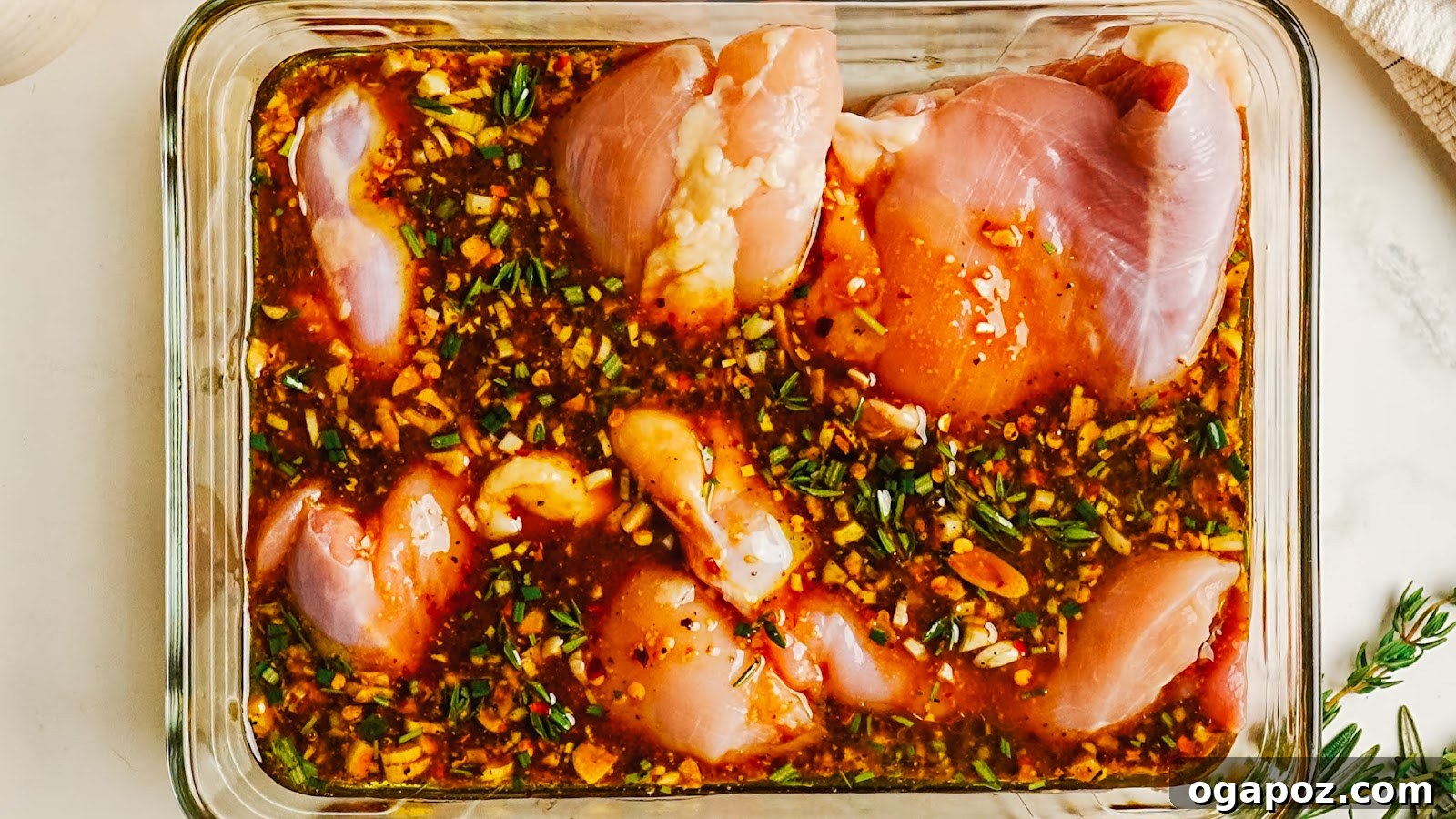 Tangy Balsamic Chicken Marinade for Juicy Grilled Chicken 8 Raw chicken thighs marinating in balsamic marinade in a dish.