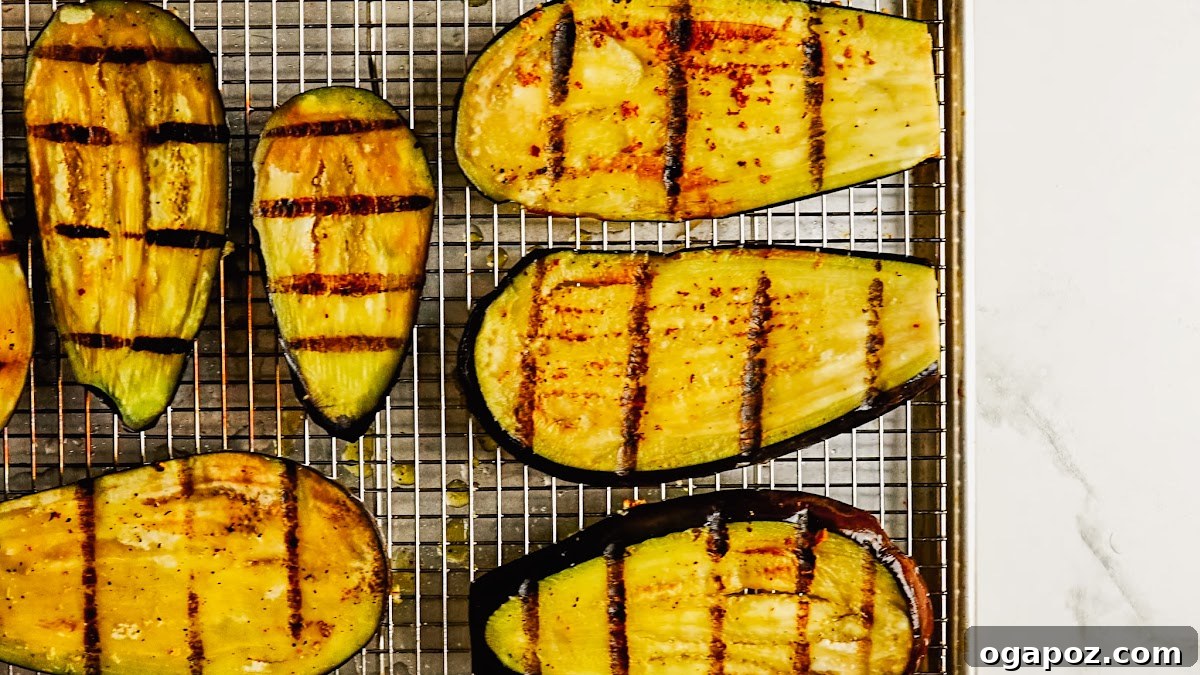Grilled Eggplant with Garlic Oil and Whipped Feta 8 Grilled eggplant slices with char marks on the grill.