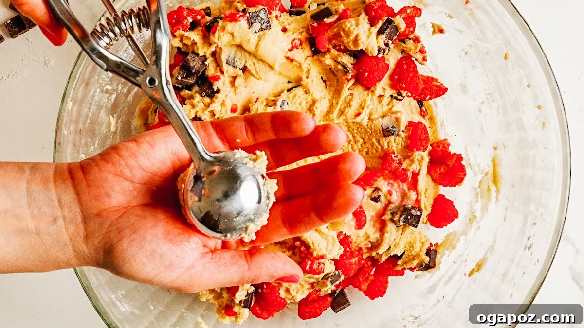 Chewy Raspberry Chocolate Chip Cookies with Fresh Raspberries 8 Raspberry cookies recipe steps.