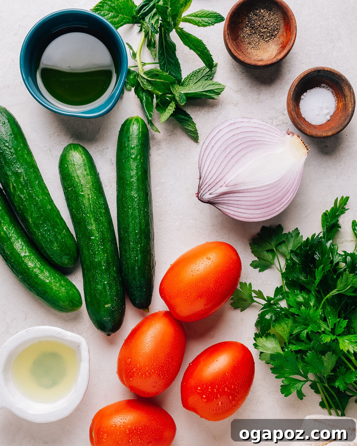 Herbed Israeli Cucumber and Tomato Salad Recipe 3 Ingredients for Israeli salad: cucumbers, tomatoes, red onion, parsley, mint, olive oil, and lemon.
