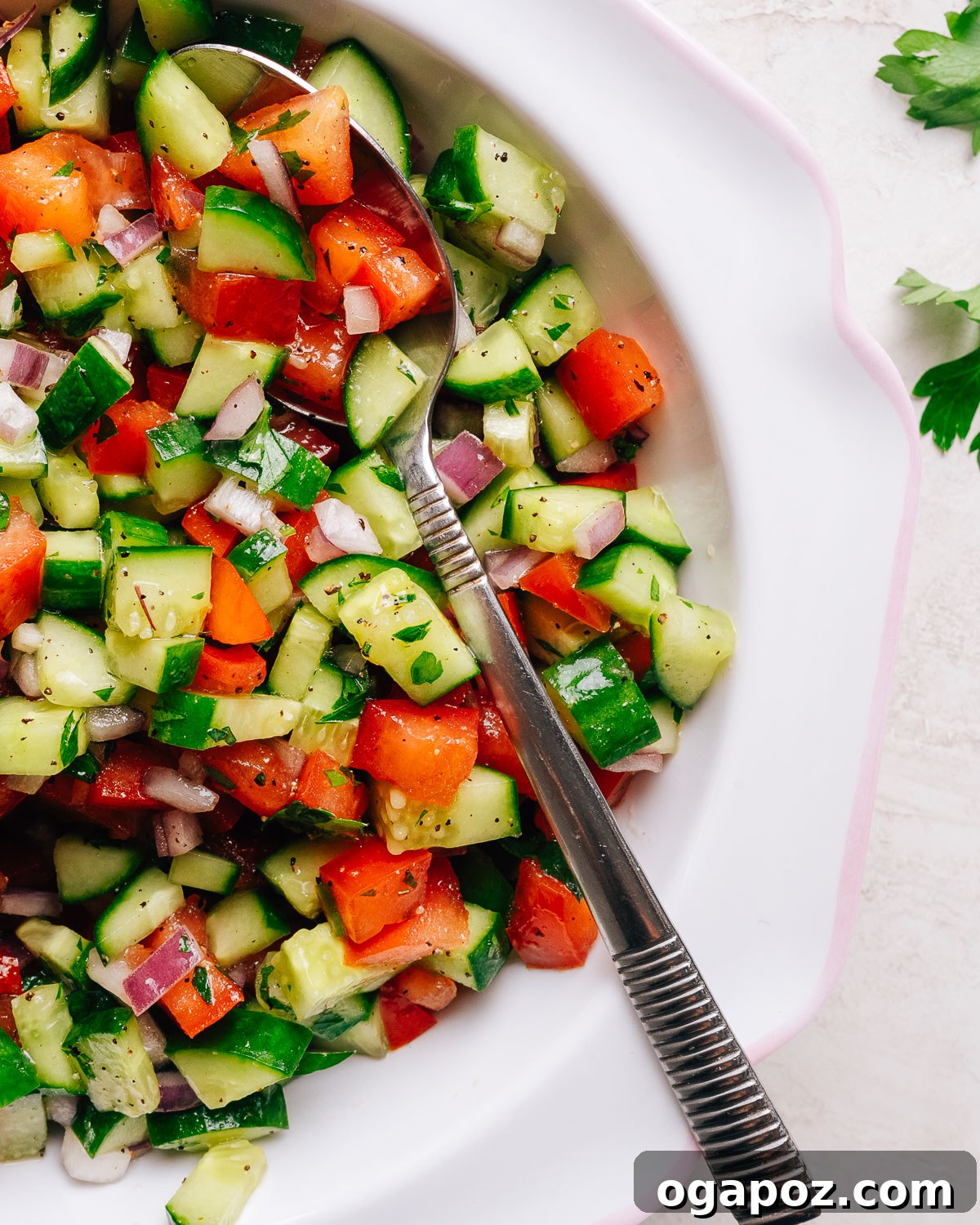 Herbed Israeli Cucumber and Tomato Salad Recipe 4 Close-up of fresh Israeli chopped salad tossed with herbs and a spoon.
