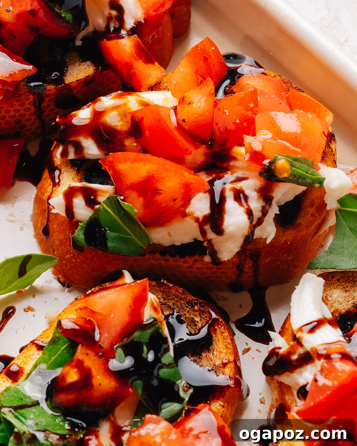 Fresh Mozzarella Bruschetta Recipe, Quick Appetizer 10 Overhead tray of bruschetta with mozzarella, tomato and basil.