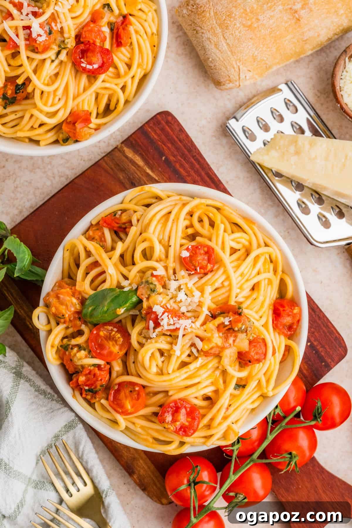 Fresh Cherry Tomato and Basil Pasta Recipe 6 Cherry Tomato Pasta in a bowl with basil garnish