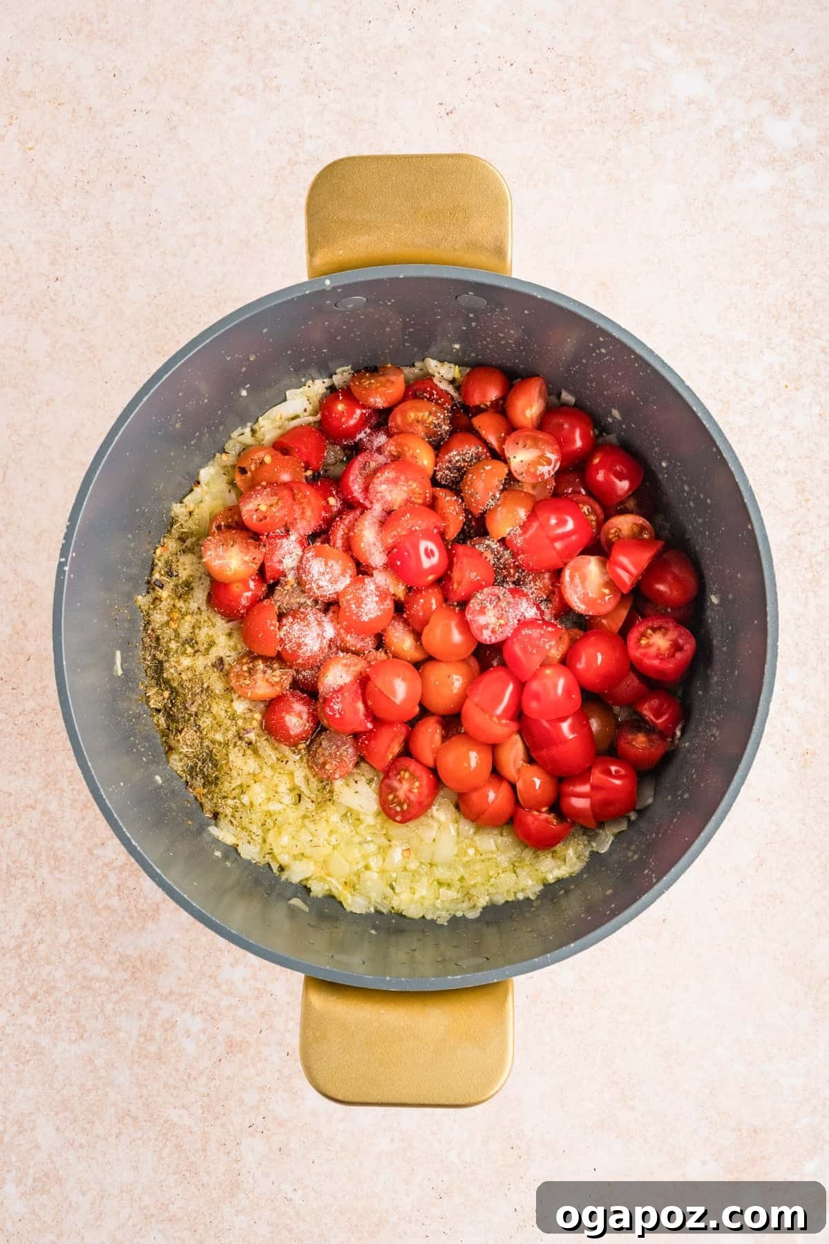 Fresh Cherry Tomato and Basil Pasta Recipe 7 Tomato and onion in a pot