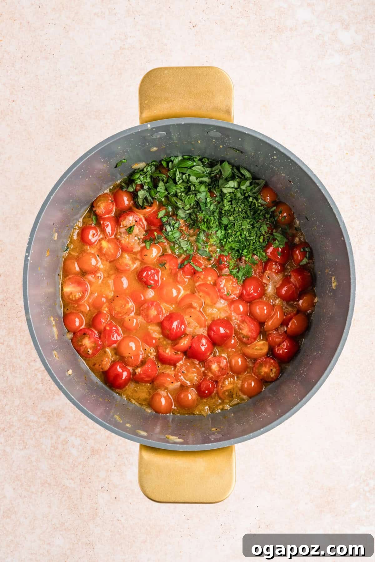 Fresh Cherry Tomato and Basil Pasta Recipe 8 Tomato, parsley and onion in a pot
