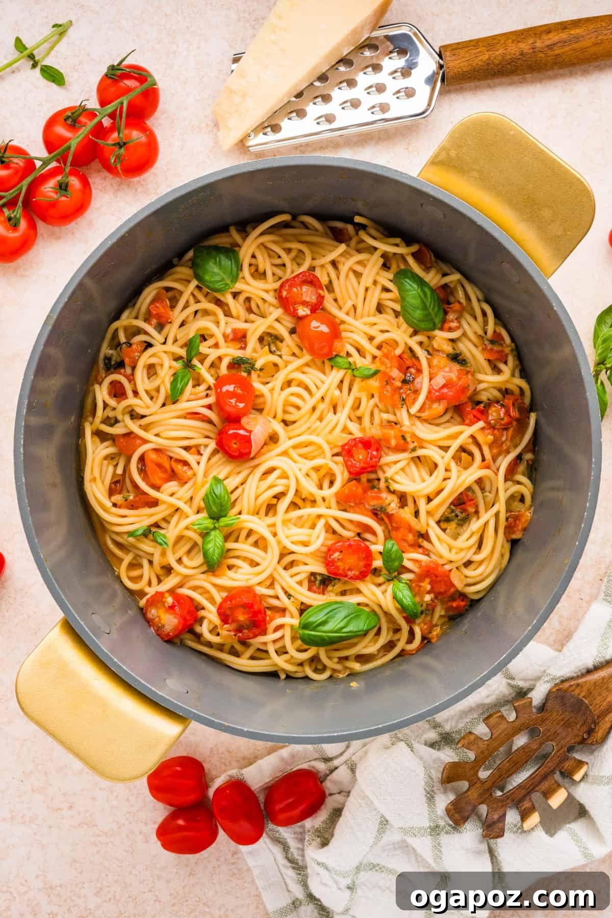 Fresh Cherry Tomato and Basil Pasta Recipe 10 Pasta with tomato and basil in a pot