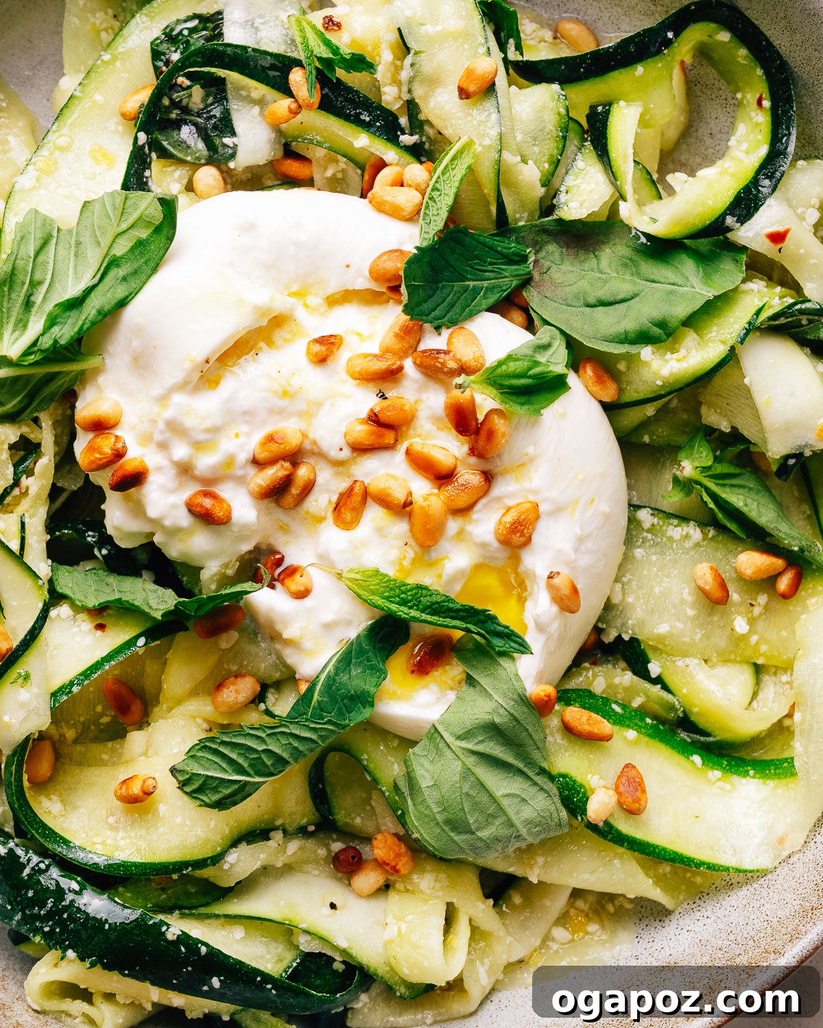 Crisp Raw Zucchini Ribbon Salad with Lemon and Herbs 9 Zucchini salad with creamy burrata, toasted pine nuts, and fresh herbs in a bowl.