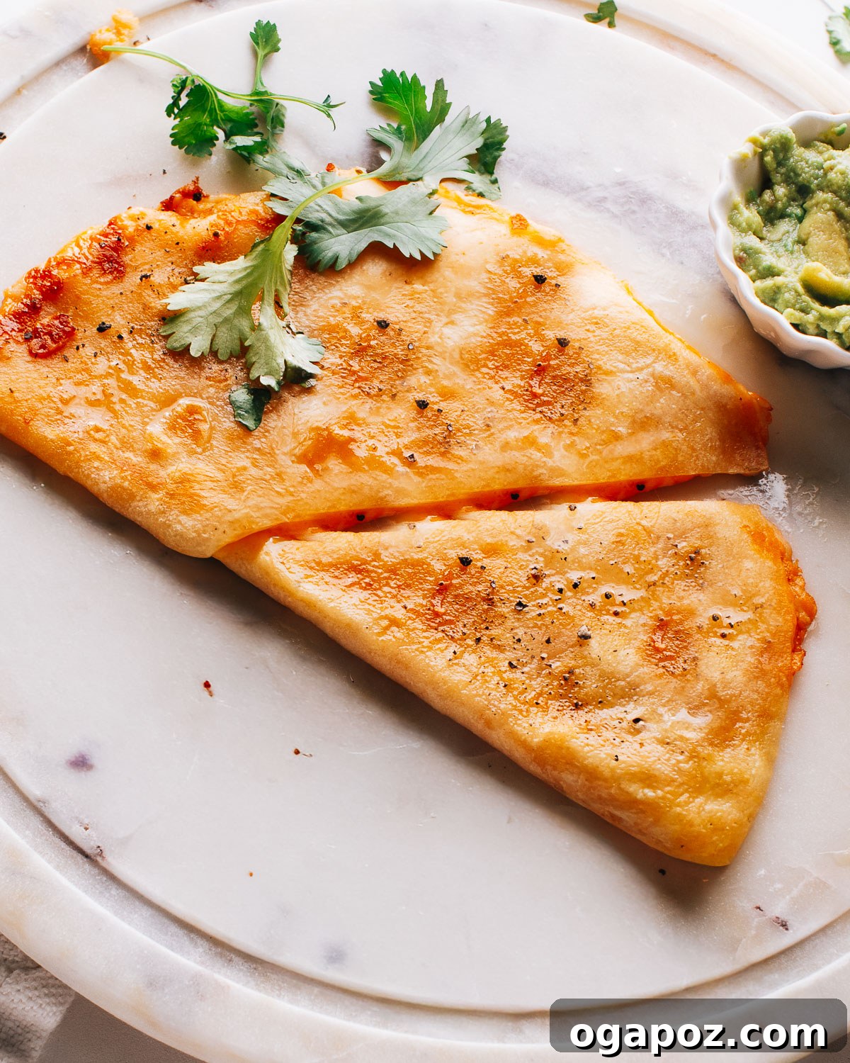 Chicken quesadilla cut into wedges with melted cheese.