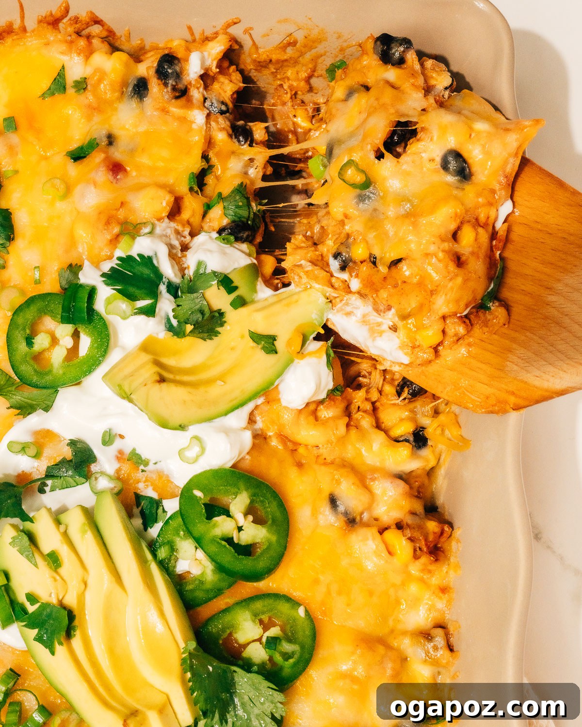 Mexican chicken casserole with chicken, beans, and cheese.