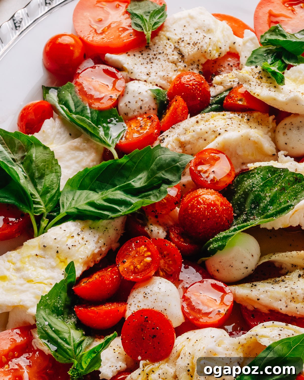Authentic Caprese Salad with Cherry Tomatoes 7 Caprese salad recipe with cherry tomatoes on a platter with torn mozzarella, ripe tomatoes and fresh basil.