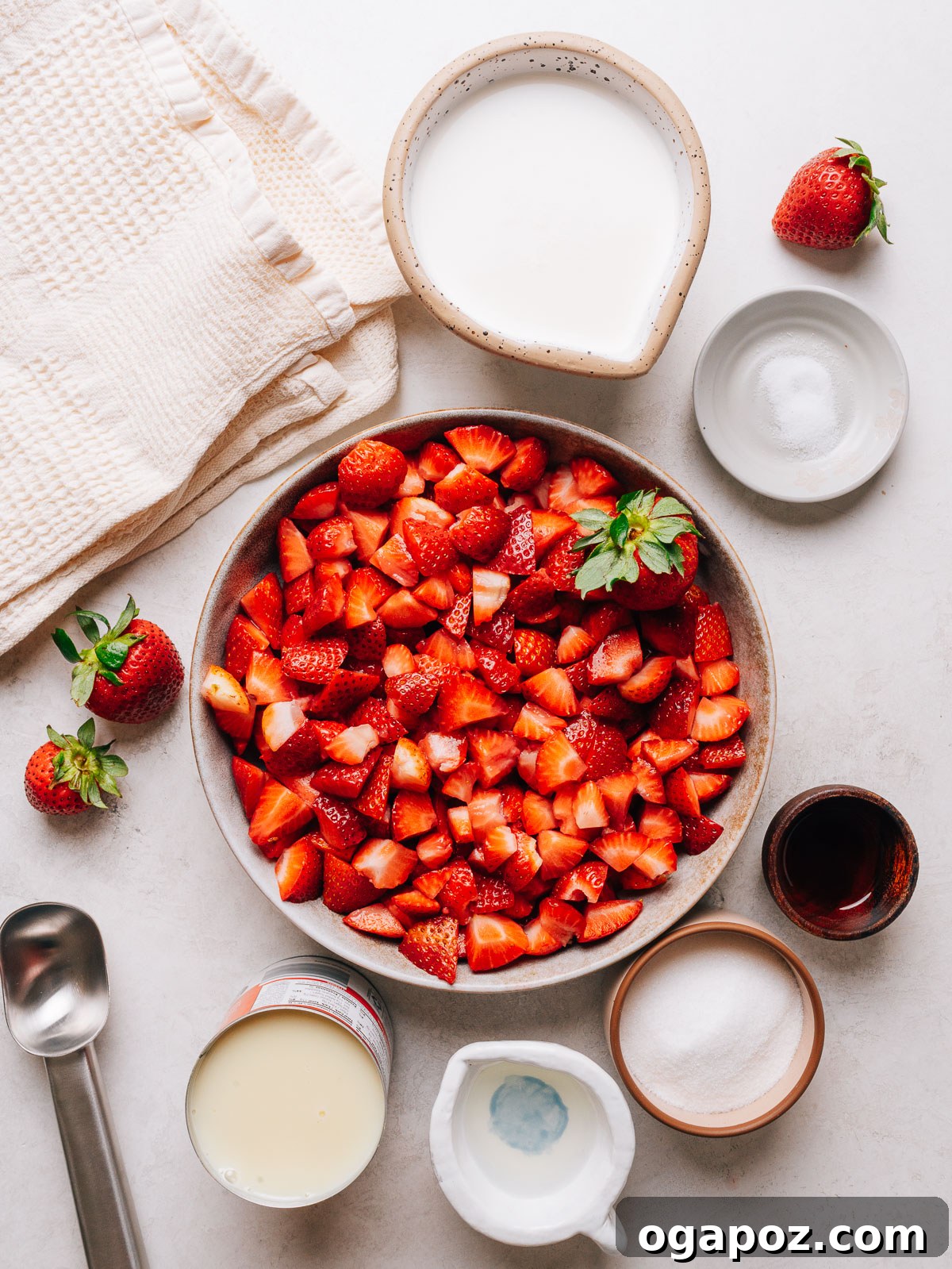 Creamy Homemade Strawberry Ice Cream Recipe 3 Stawberry Ice Cream ingredients on the counter.