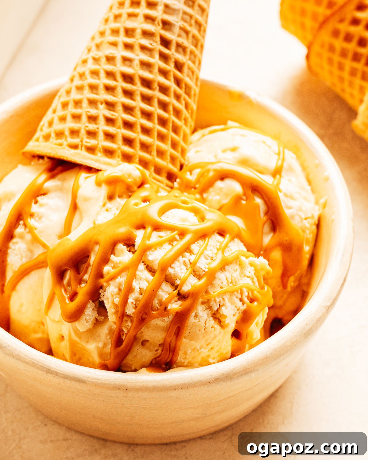 3-Ingredient No-Churn Peanut Butter Ice Cream 11 Scoops of homemade peanut butter ice cream in a bowl with peanut butter drizzled on top.
