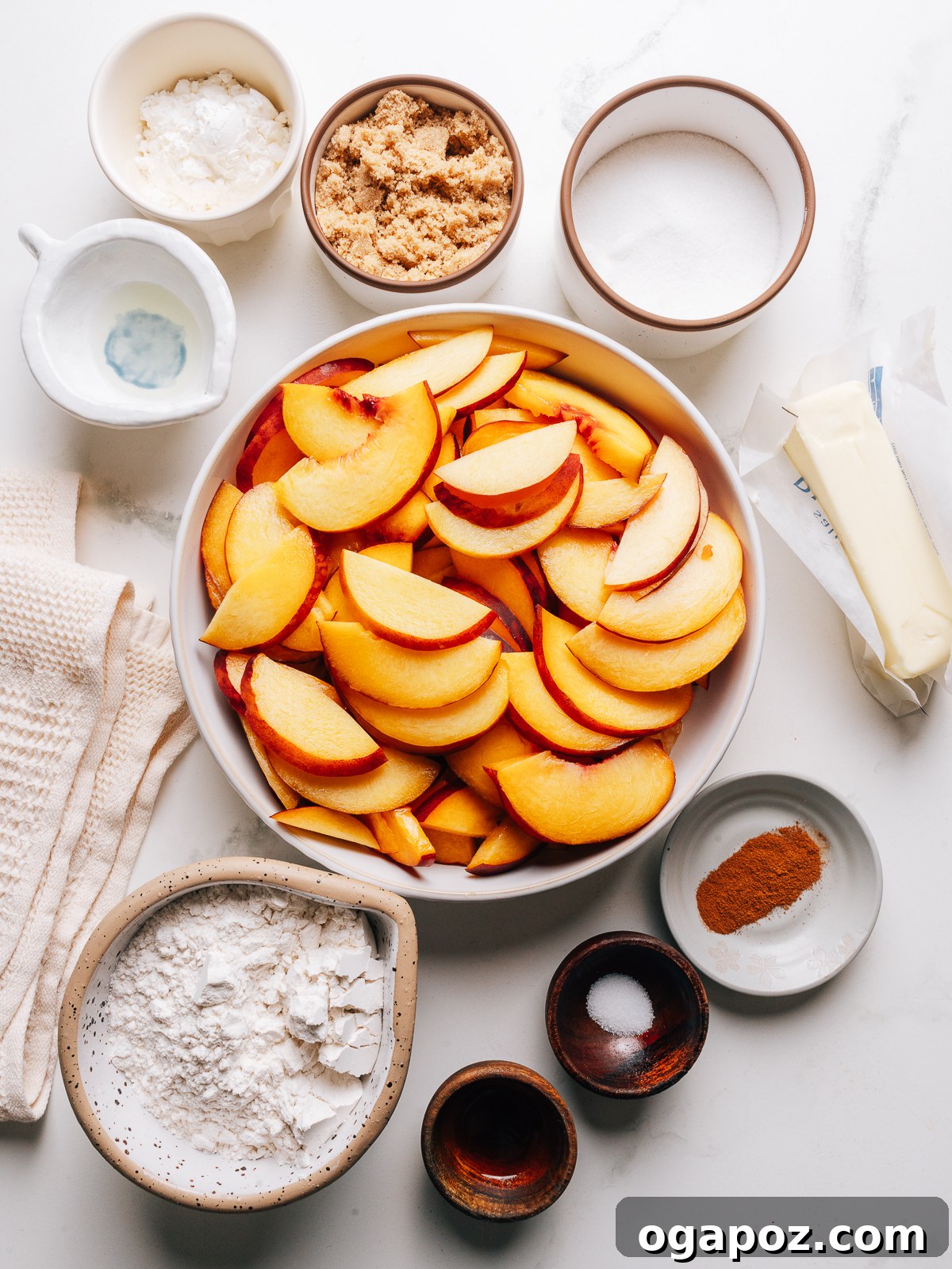 Juicy Peach Crumble with Crunchy Oat Topping 3 Ingredients for Peach Crumble recipe on the counter.