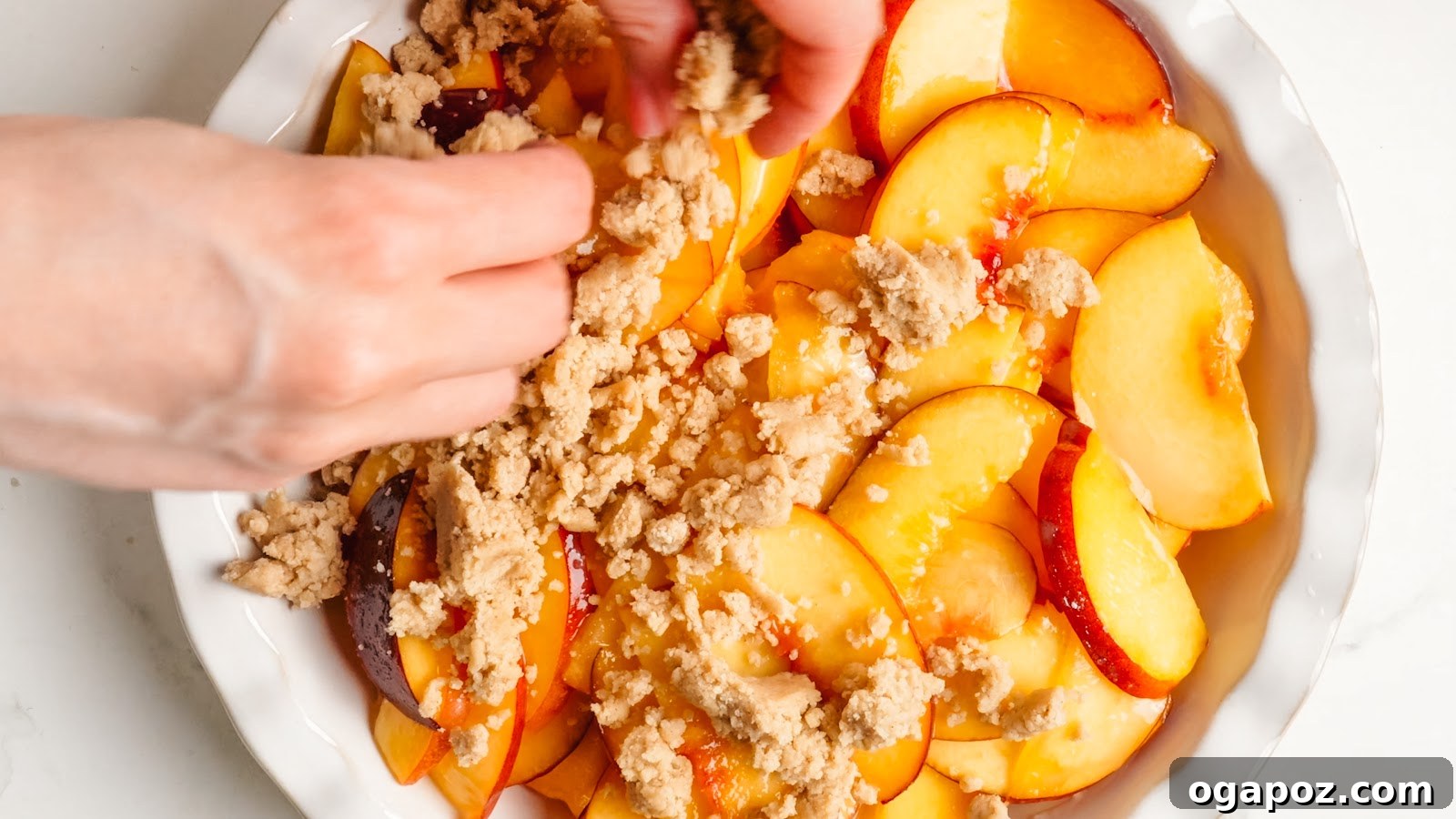 Juicy Peach Crumble with Crunchy Oat Topping 8 Peach crumble recipe steps.