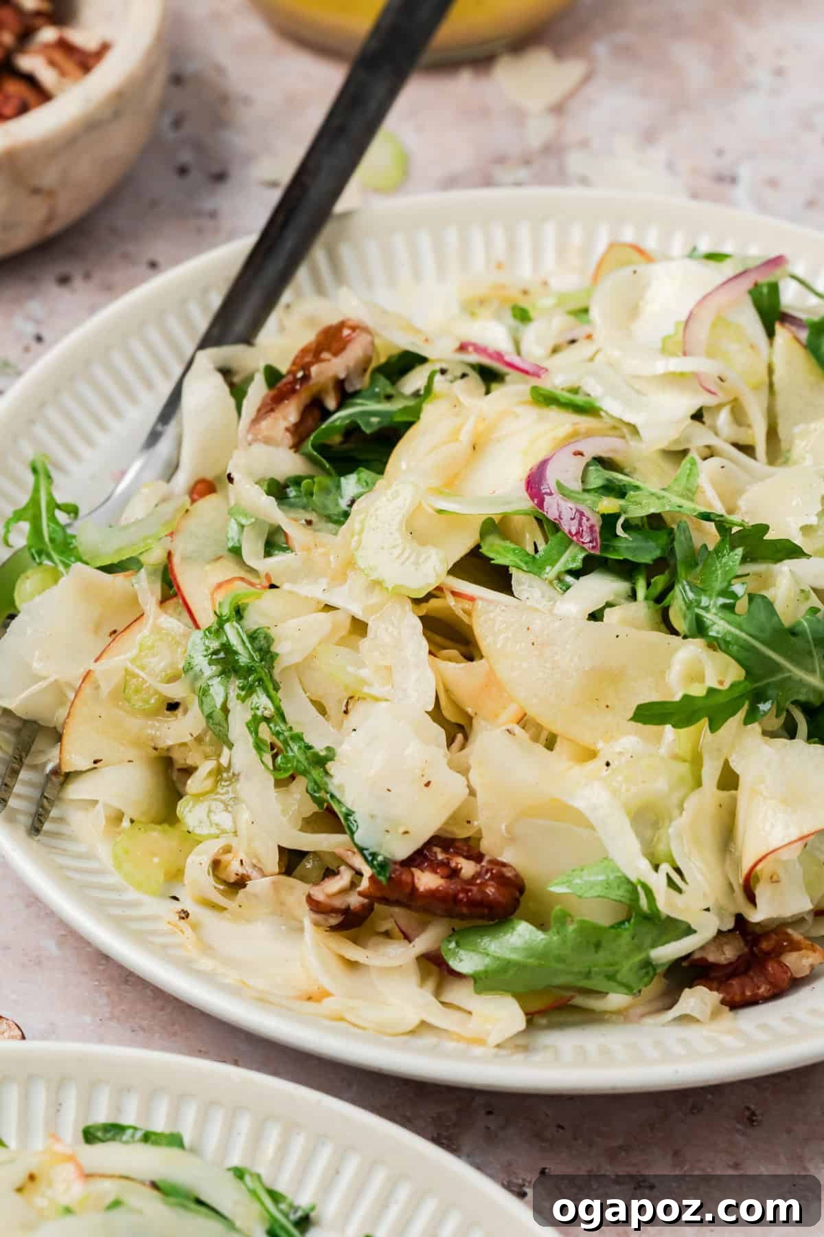 Crisp Apple and Fennel Salad with Lemon Vinaigrette 2 Apple fennel salad with pecans and shaved Parmesan in a white bowl