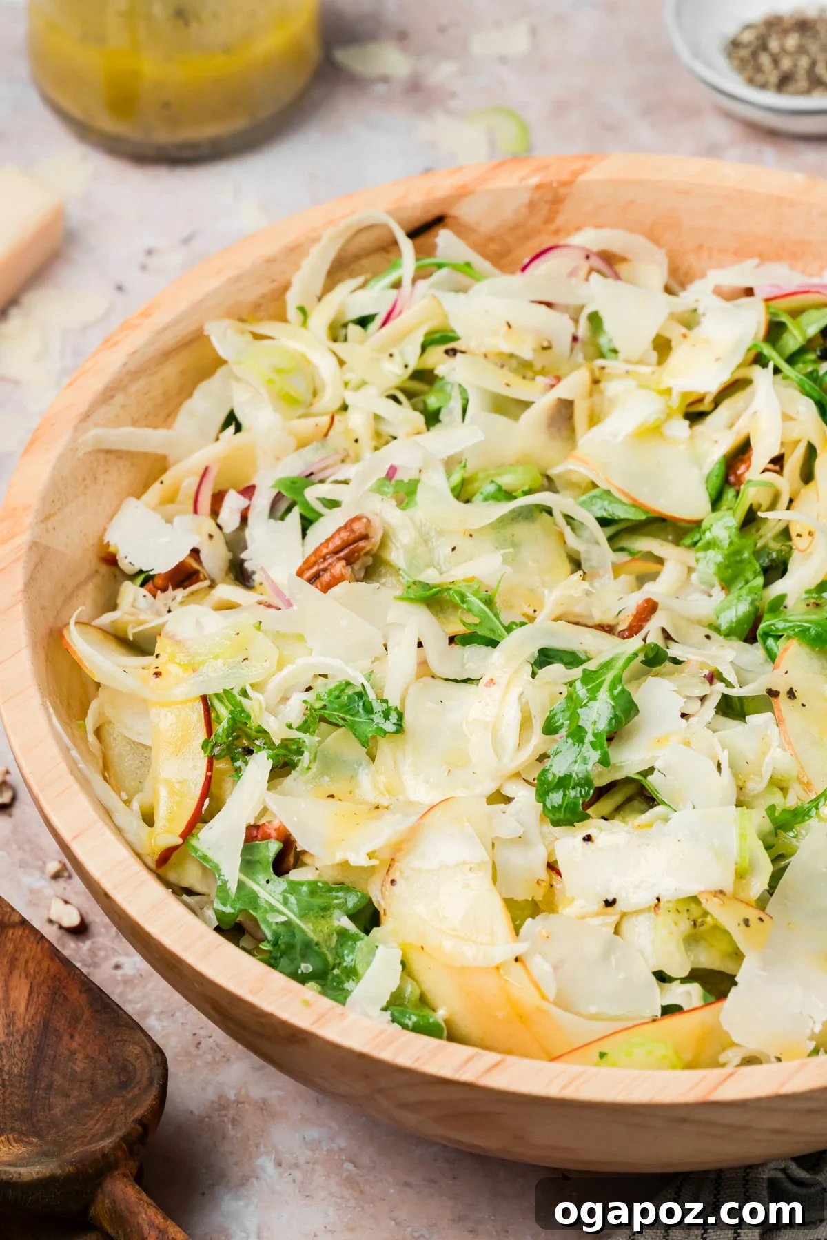 Crisp Apple and Fennel Salad with Lemon Vinaigrette 11 Overhead view of apple fennel salad with arugula, pecans, and Parmesan