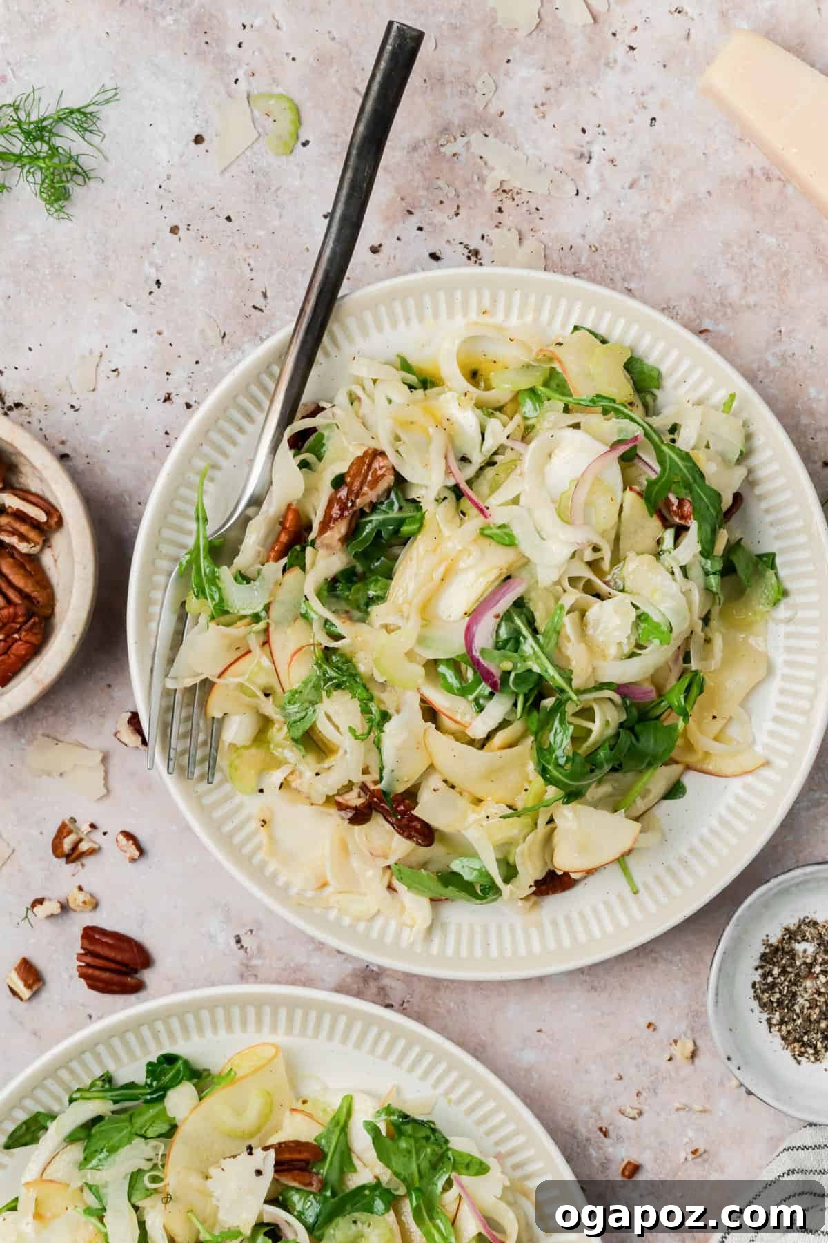 Crisp Apple and Fennel Salad with Lemon Vinaigrette 6 Simple Apple and Fennel Salad on a white plate
