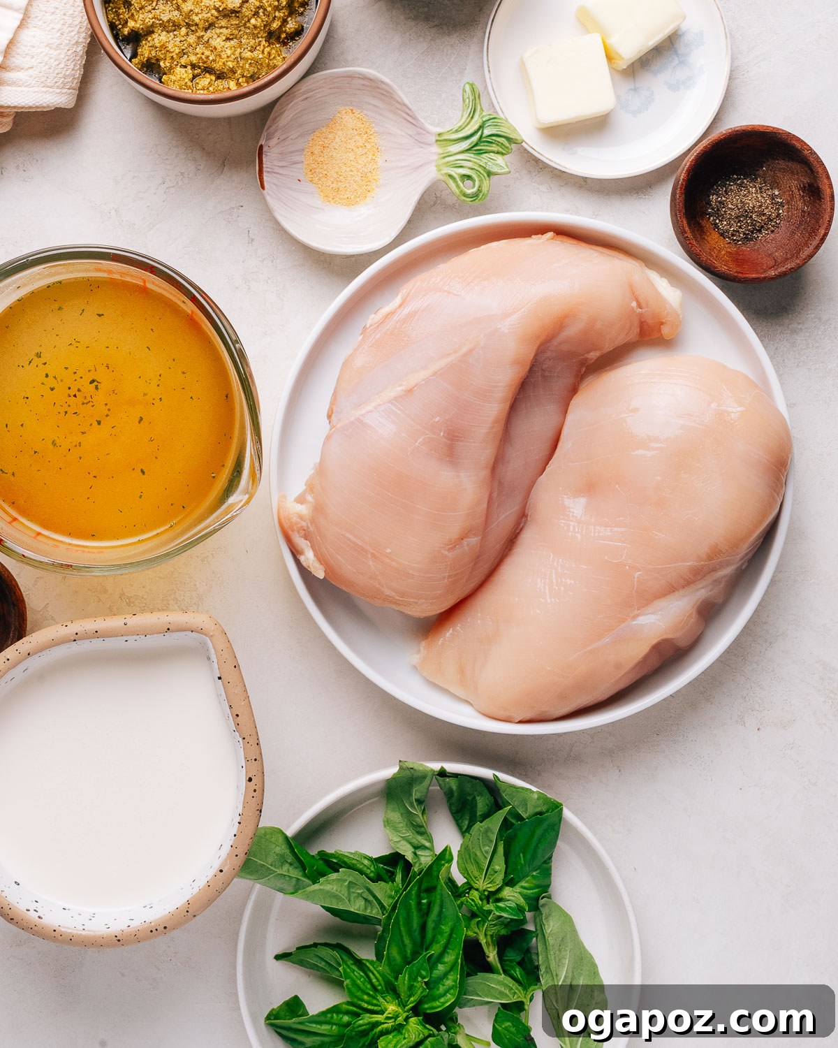One-Pan Creamy Pesto Chicken in 30 Minutes 3 Pesto Chicken Recipe Ingredients on the counter.