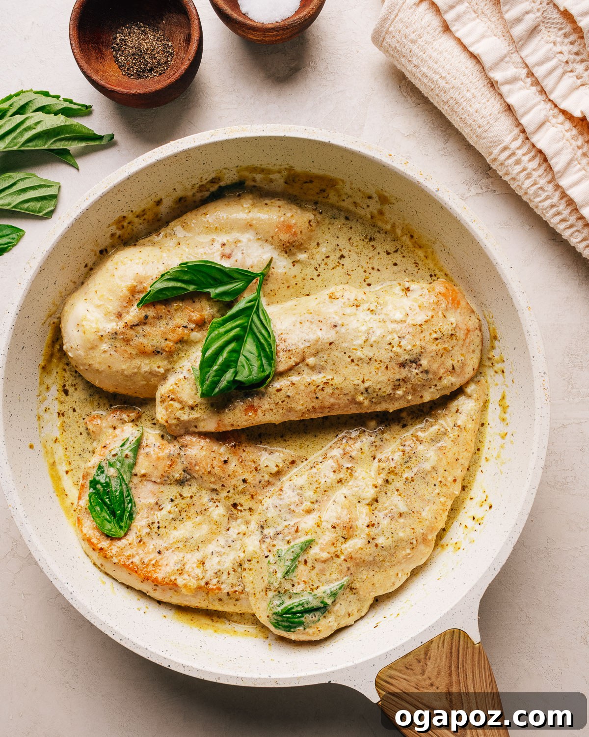 One-Pan Creamy Pesto Chicken in 30 Minutes 9 Basil Pesto Chicken Recipe finished in a pan.