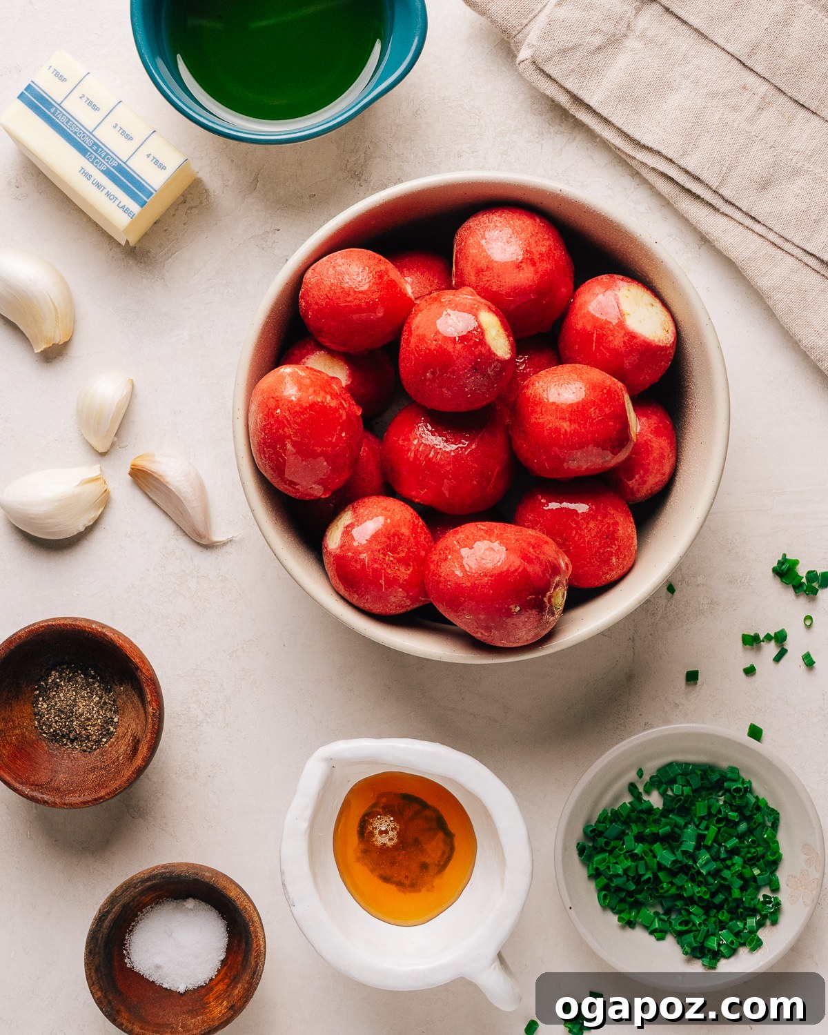 Crispy Oven-Roasted Radishes with Garlic and Herbs 3 Ingredients for Roasted Radishes recipe on a white countertop.