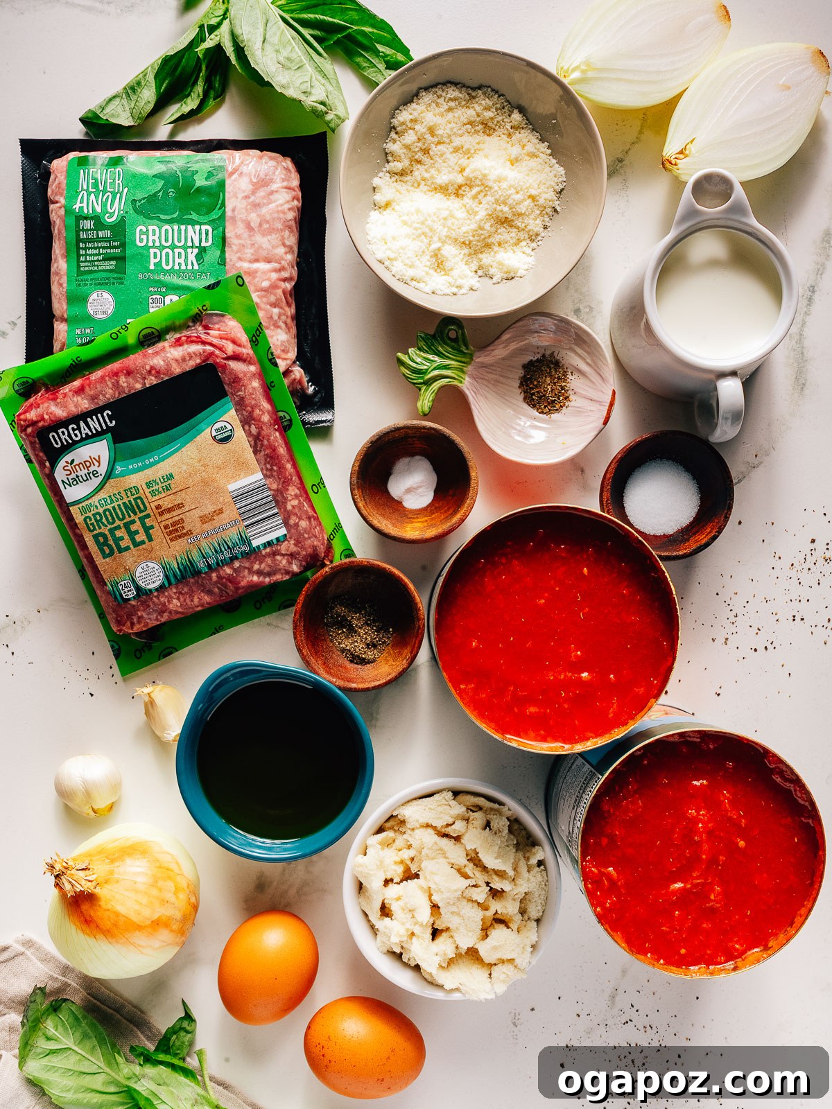 Classic Italian Meatballs in Rich Tomato Sauce 3 Ingredients for Italian meatball recipe on the counter.