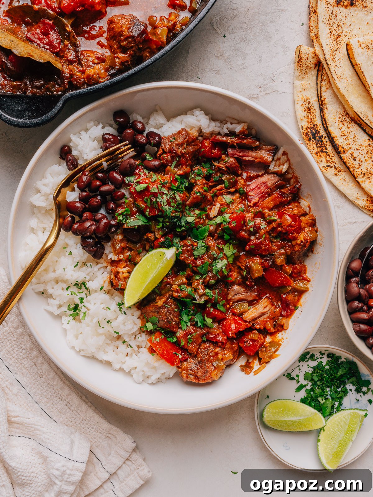 Authentic Mexican Carne Guisada: Hearty Beef Stew Recipe 2 A bowl of carne guisada over white rice with black beans, lime and warm flour tortillas.