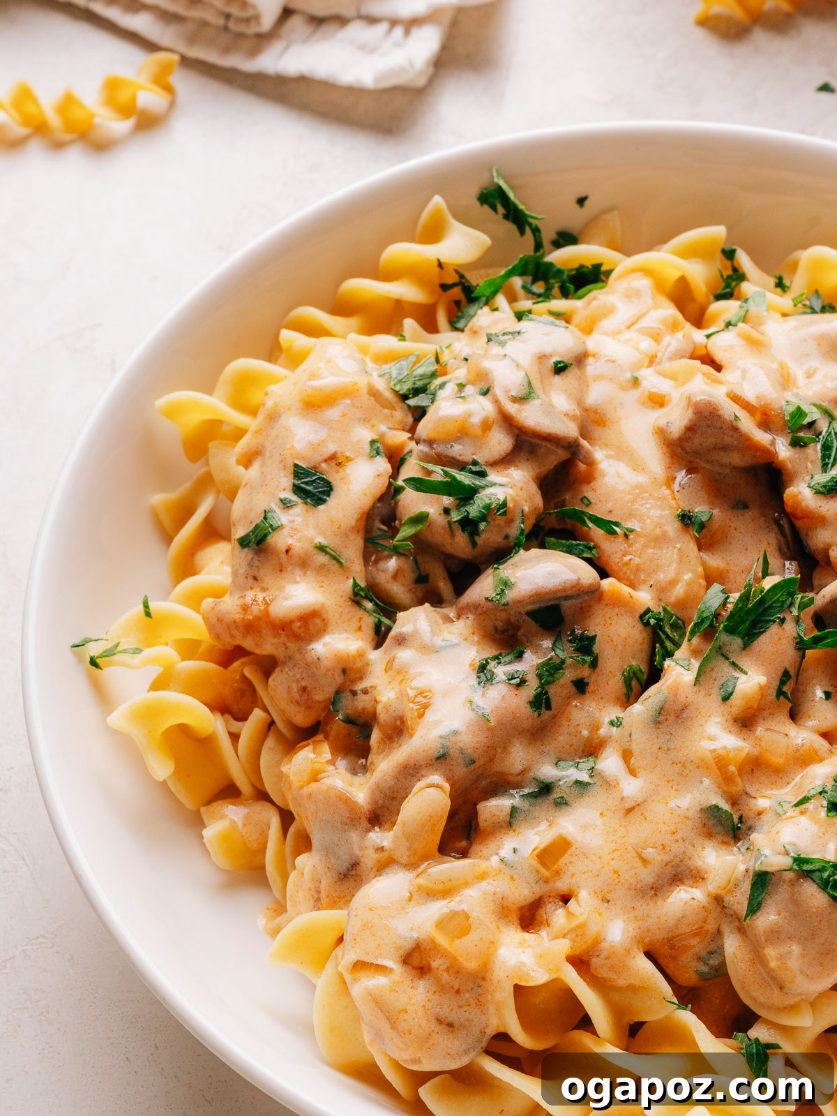 Creamy One-Pan Chicken Stroganoff 10 Close up of creamy stroganoff sauce clinging to tender chicken and egg noodles.