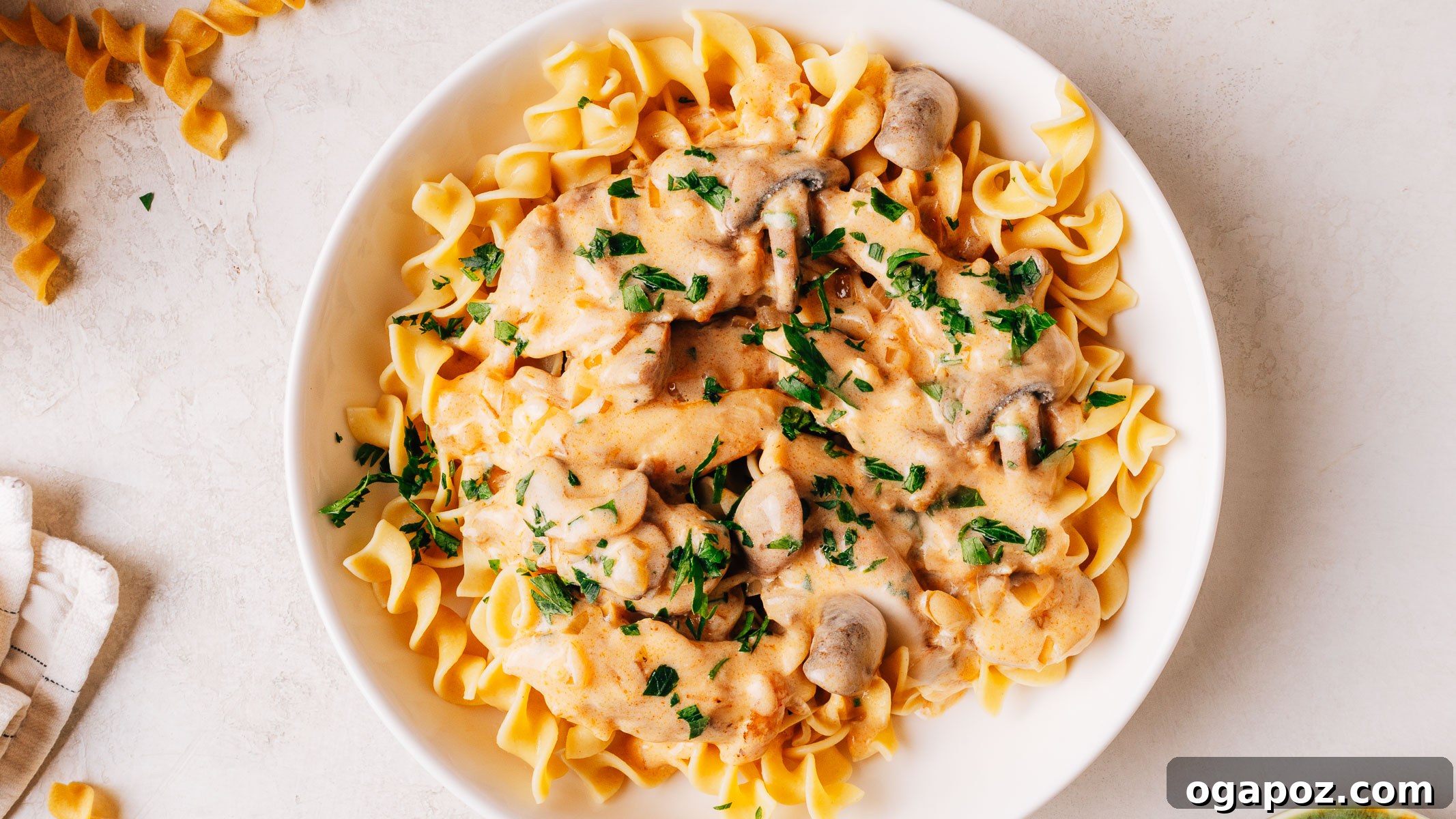 Creamy One-Pan Chicken Stroganoff 11 Overhead shot of a wide bowl of chicken stroganoff with mushrooms over wide egg noodles.
