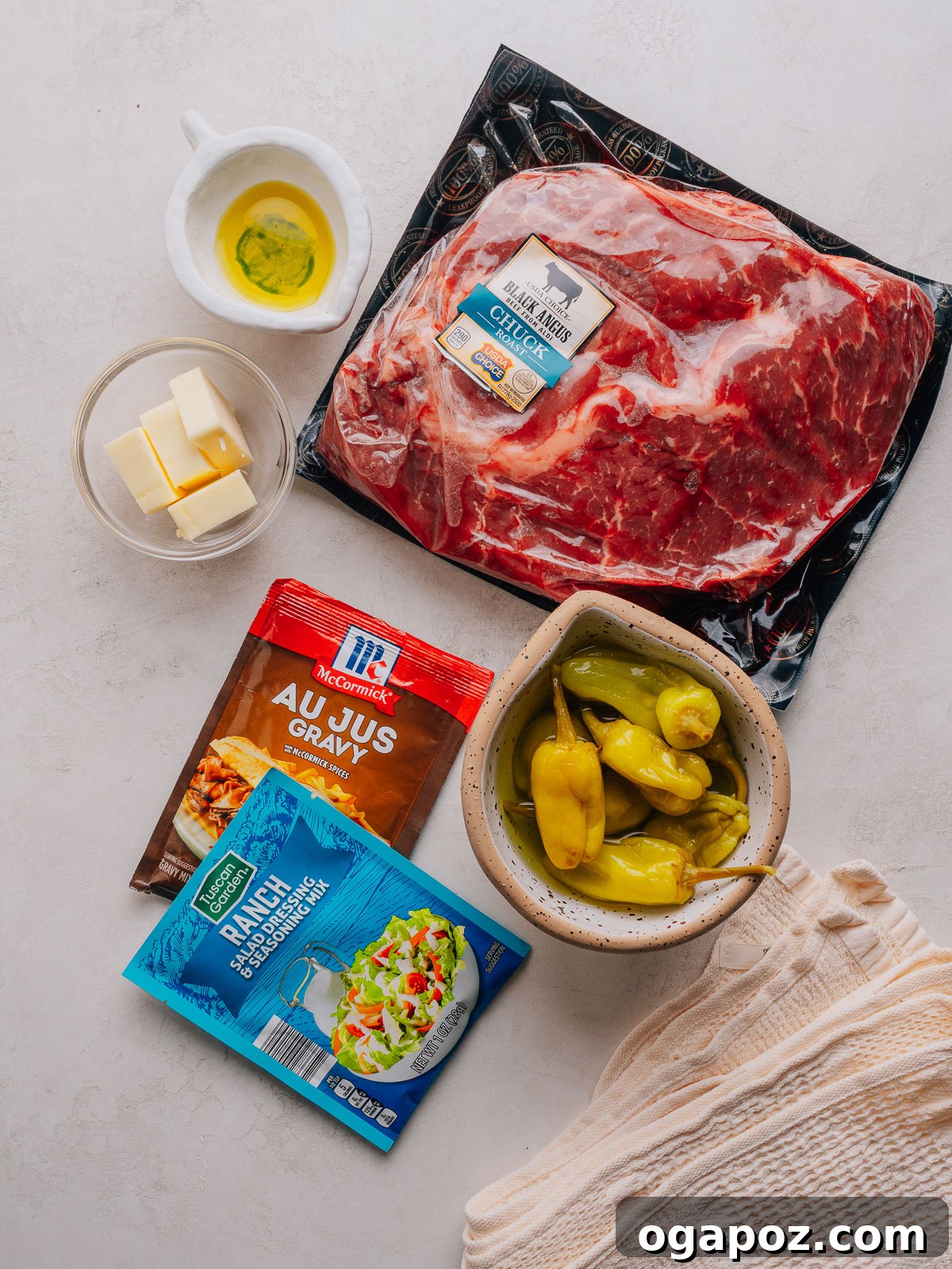 Slow-Cooker Mississippi Pot Roast Recipe for Tender, Flavorful Meat 3 Ingredients for Mississippi pot roast laid out on a counter.