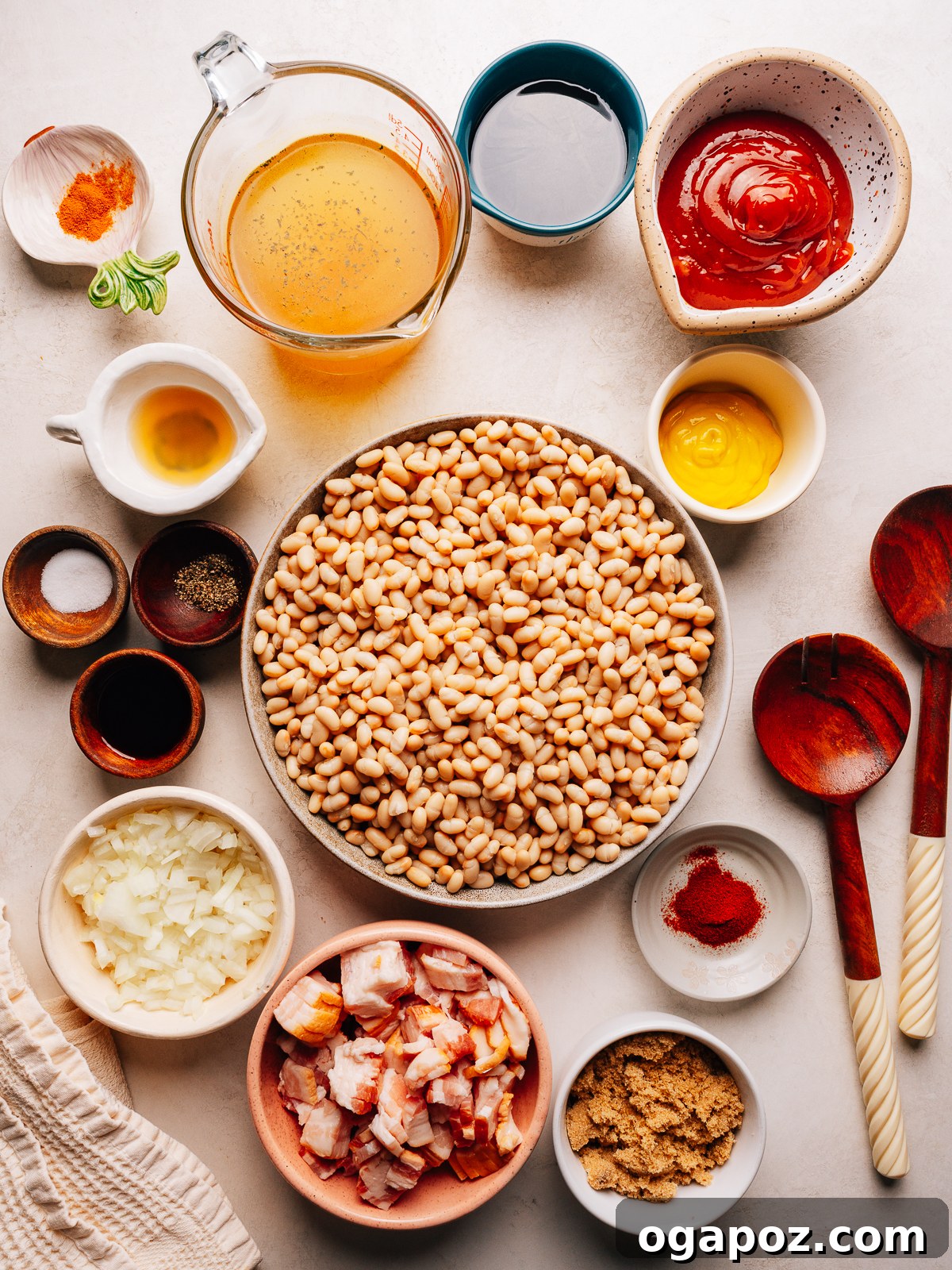 Ingredients for baked beans recipe on the counter.