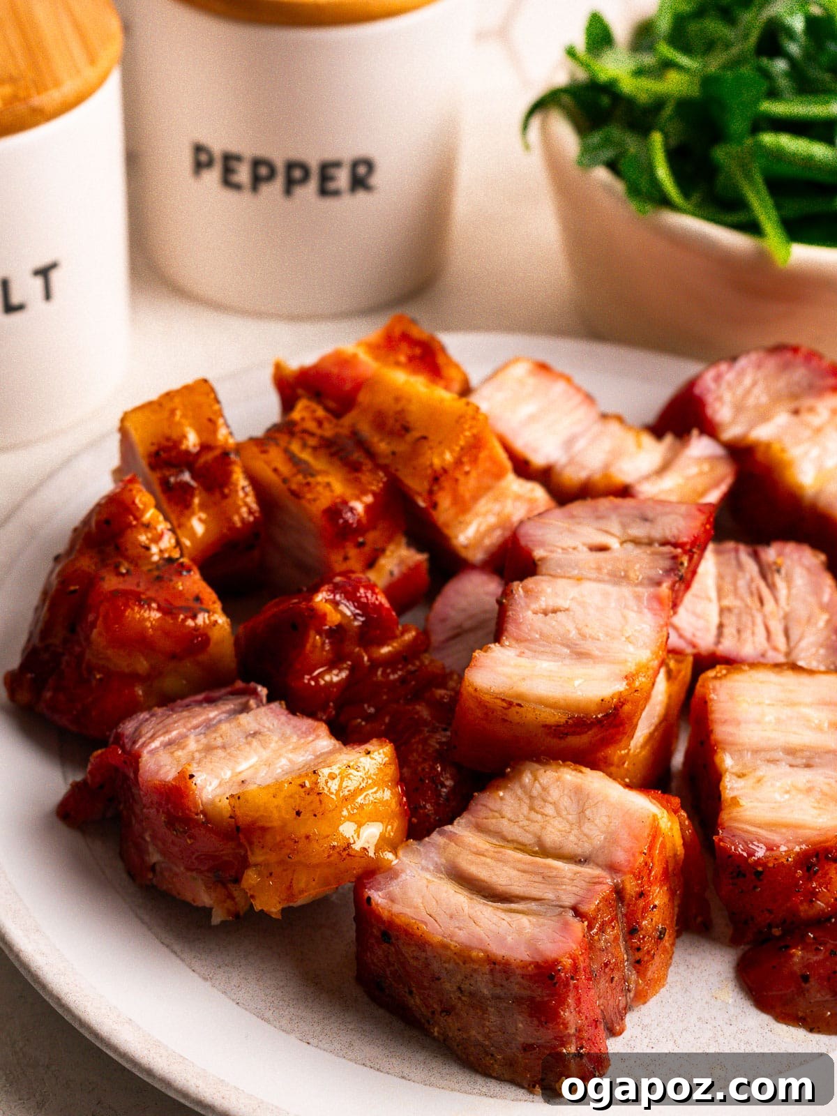 Crispy pork belly cut into pieces on a plate.