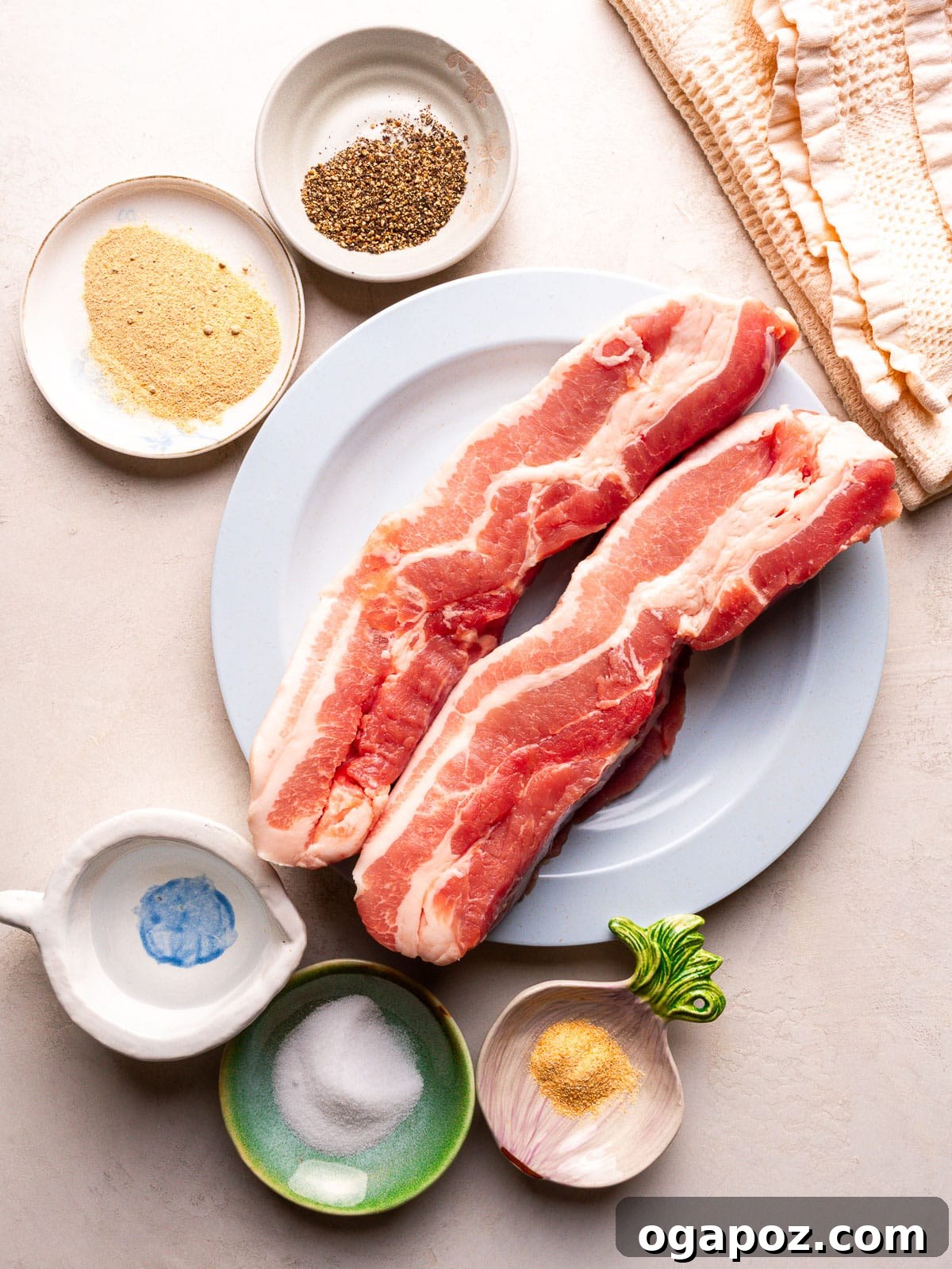 Ingredients on the counter for Crispy Pork Belly Recipe.