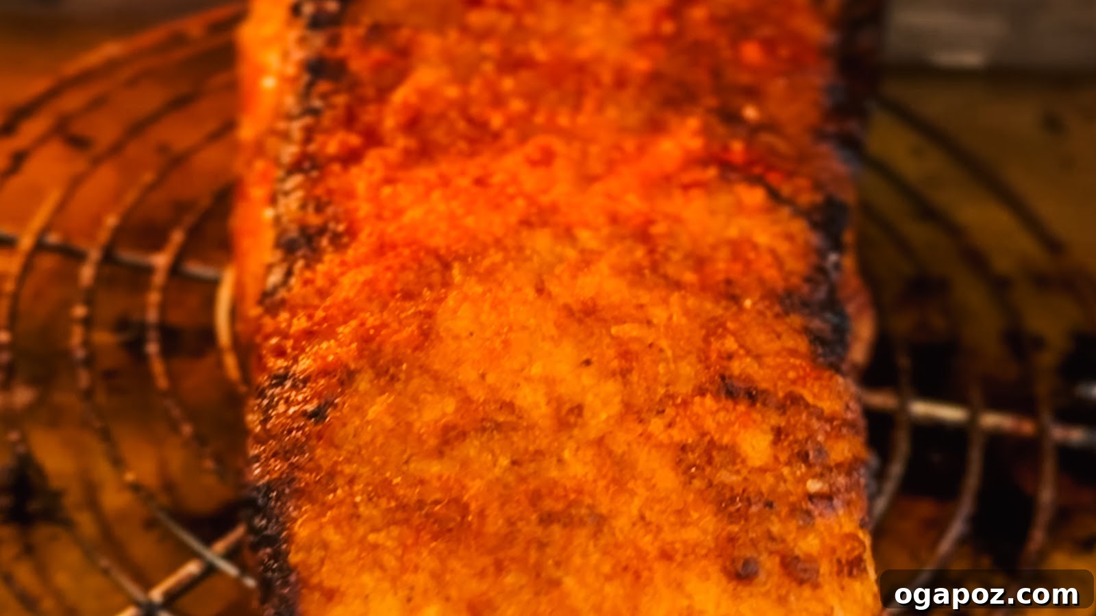 Pork belly skin puffed and blistered amber in the oven.