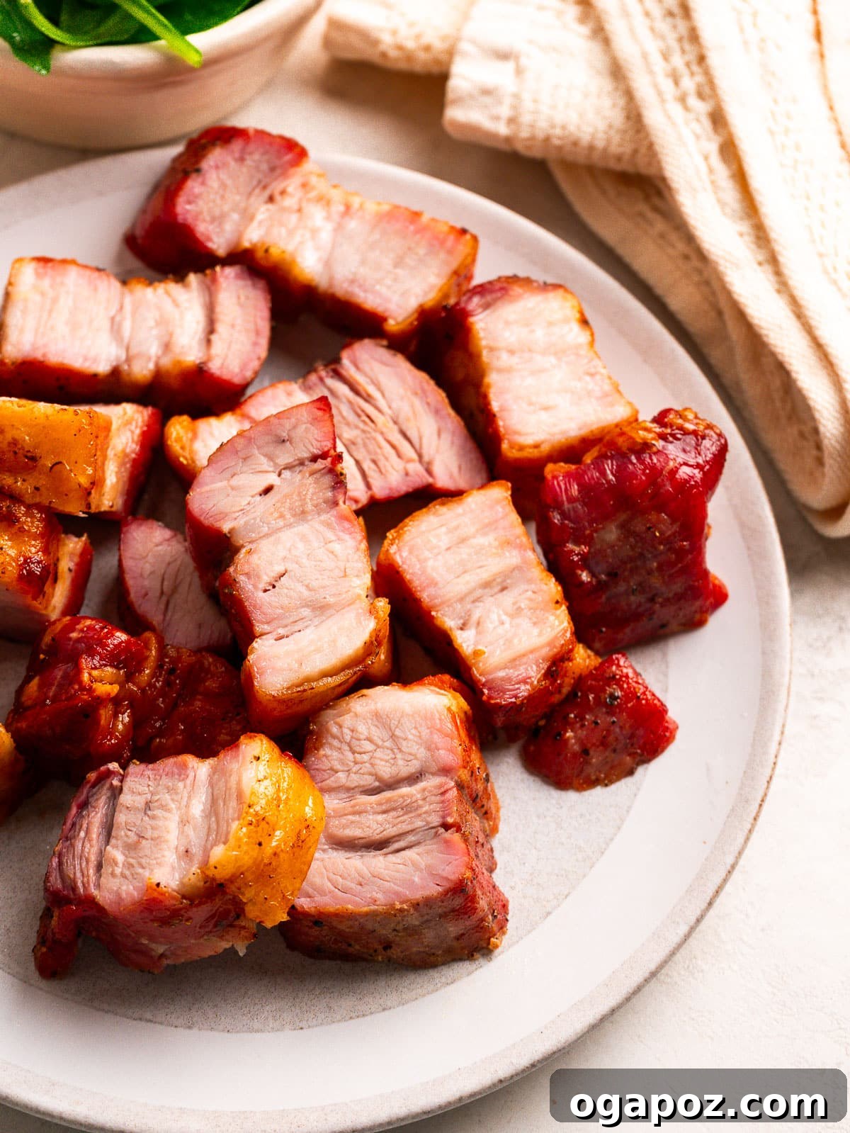 Crispy pork belly pieces on a white plate.