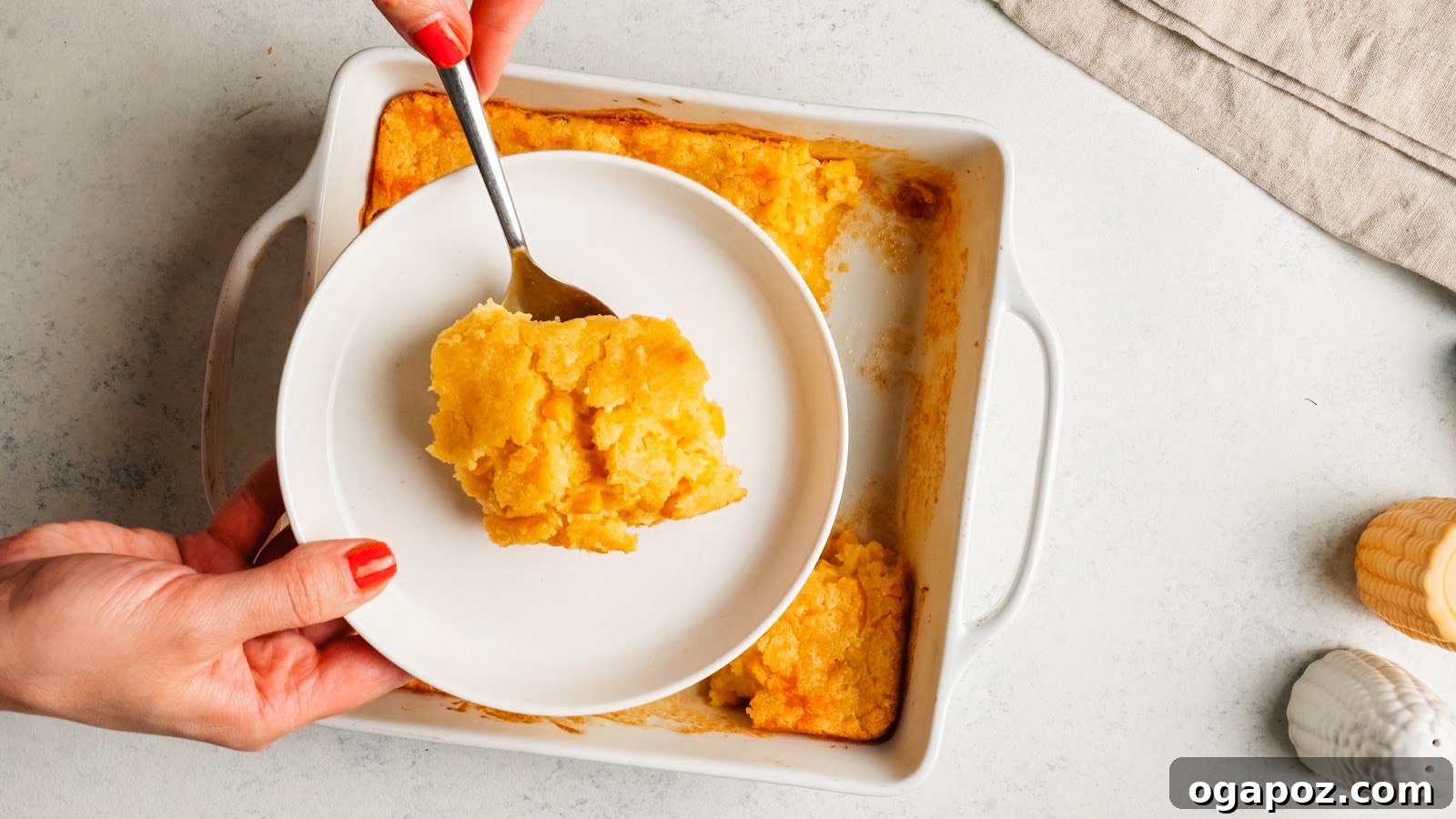 Corn casserole being served