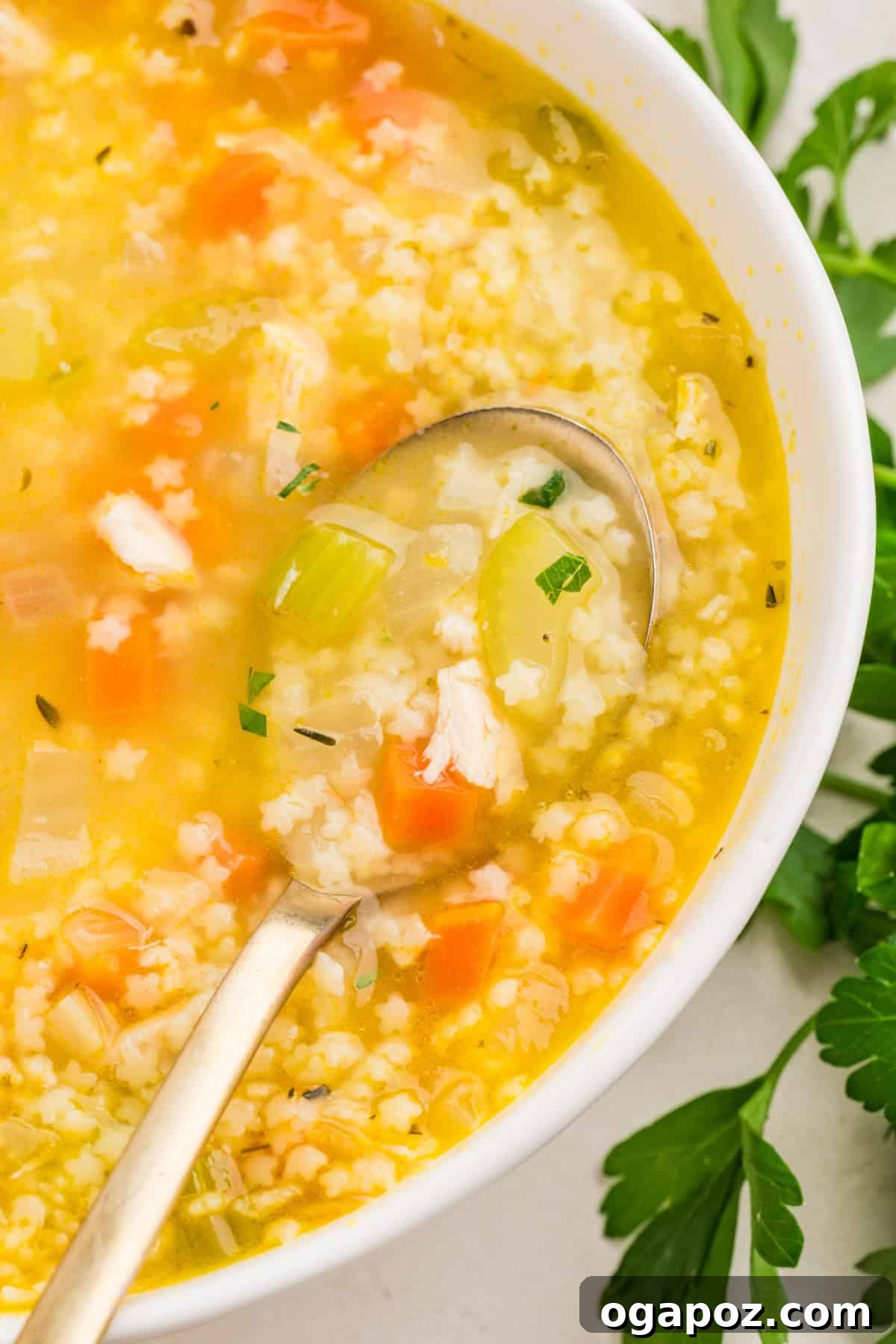 Overhead shot of chicken pastina soup in a white bowl with a spoon 
